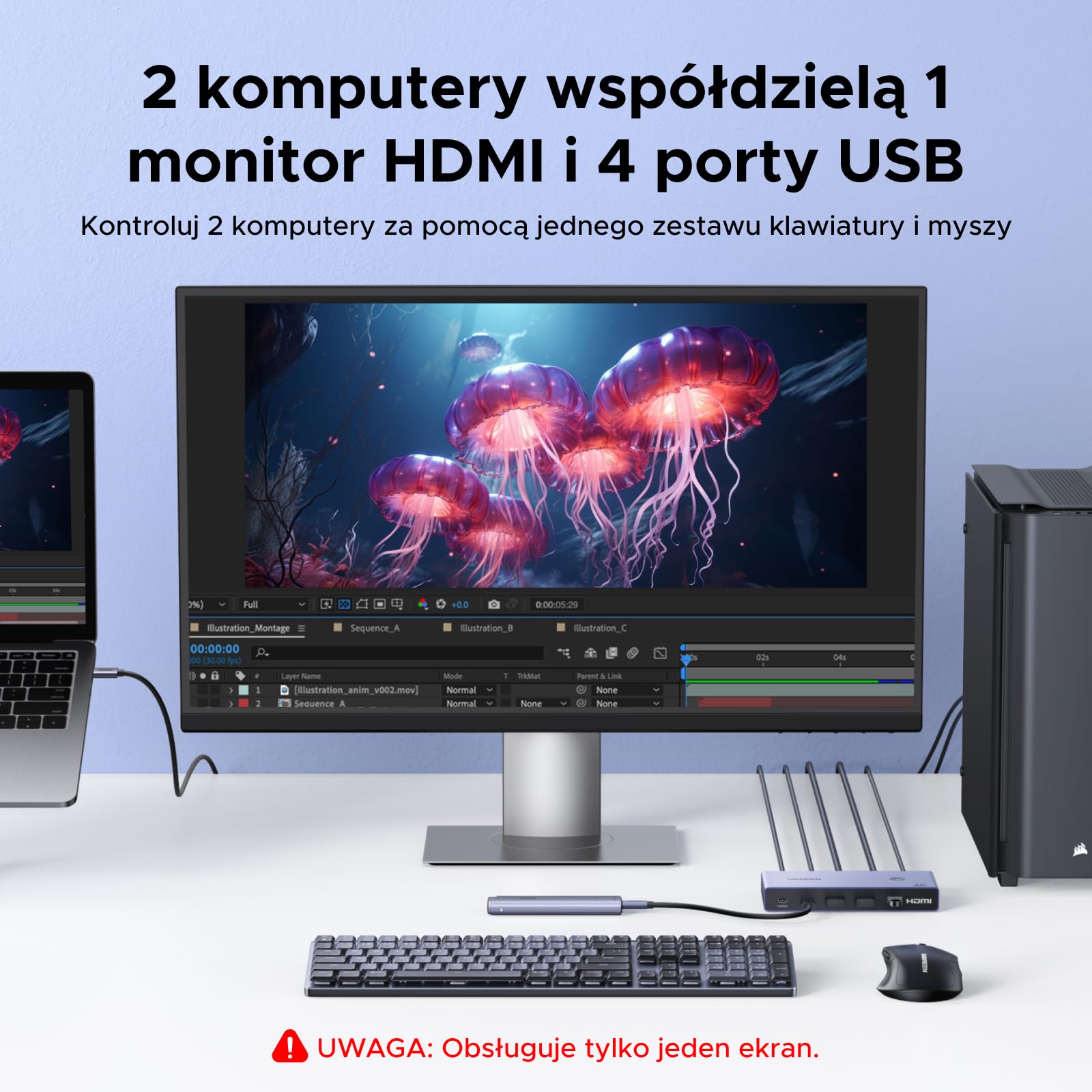 UGREEN Przełącznik KVM USB C 4K60Hz 1 komputer 1 laptop 1 monitor Przełącznik KVM 2 wejścia 1 wyjście z 4 portami USB 3.0 dla myszy, klawiatury, przenośnego dysku twardego itp.