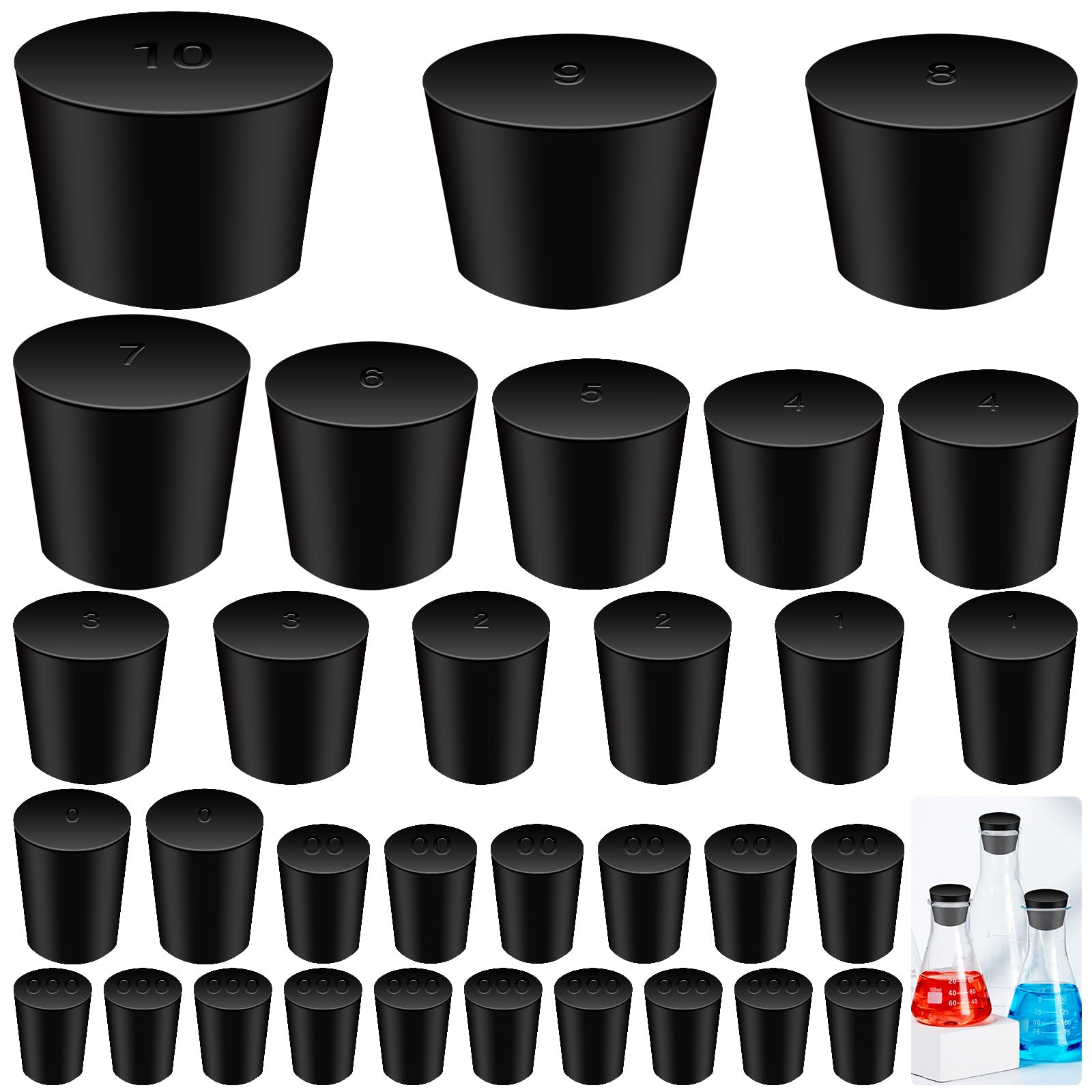 HeyWin Pack Of 22 Solid Rubber Stoppers, A Selection Of Size #000 To #8, For Sealing Balloon Bottles, Water Tanks, Etc. (2 Pieces Of Each Size - View #4