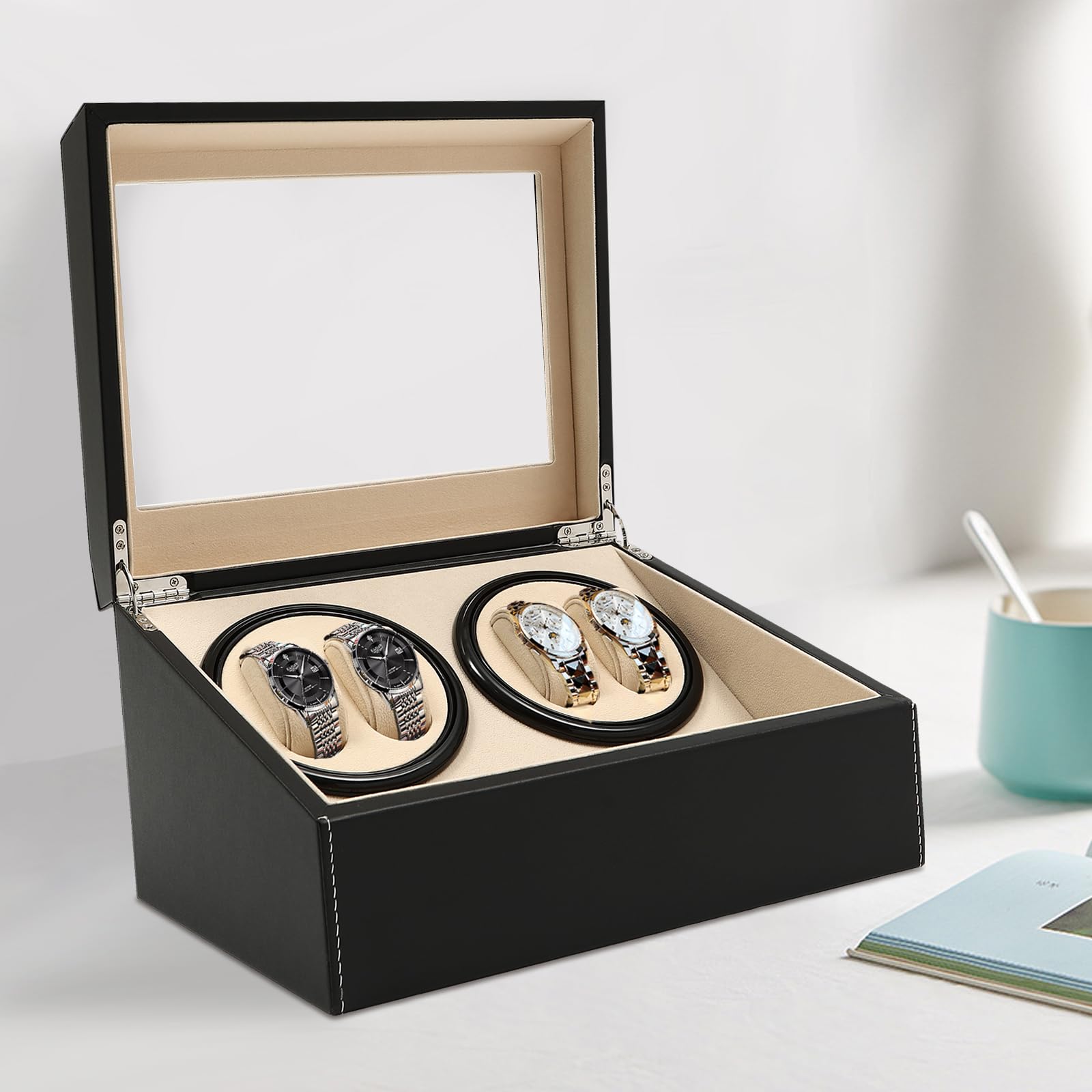 Caricatore per Orologi 4+6 per Orologi Automatici, Scatola Carica Orologi Automatici con 4 quadranti rotanti, 6 Scomparti portaoggetti, Rotazione bidirezionale, Cuscini per Orologi