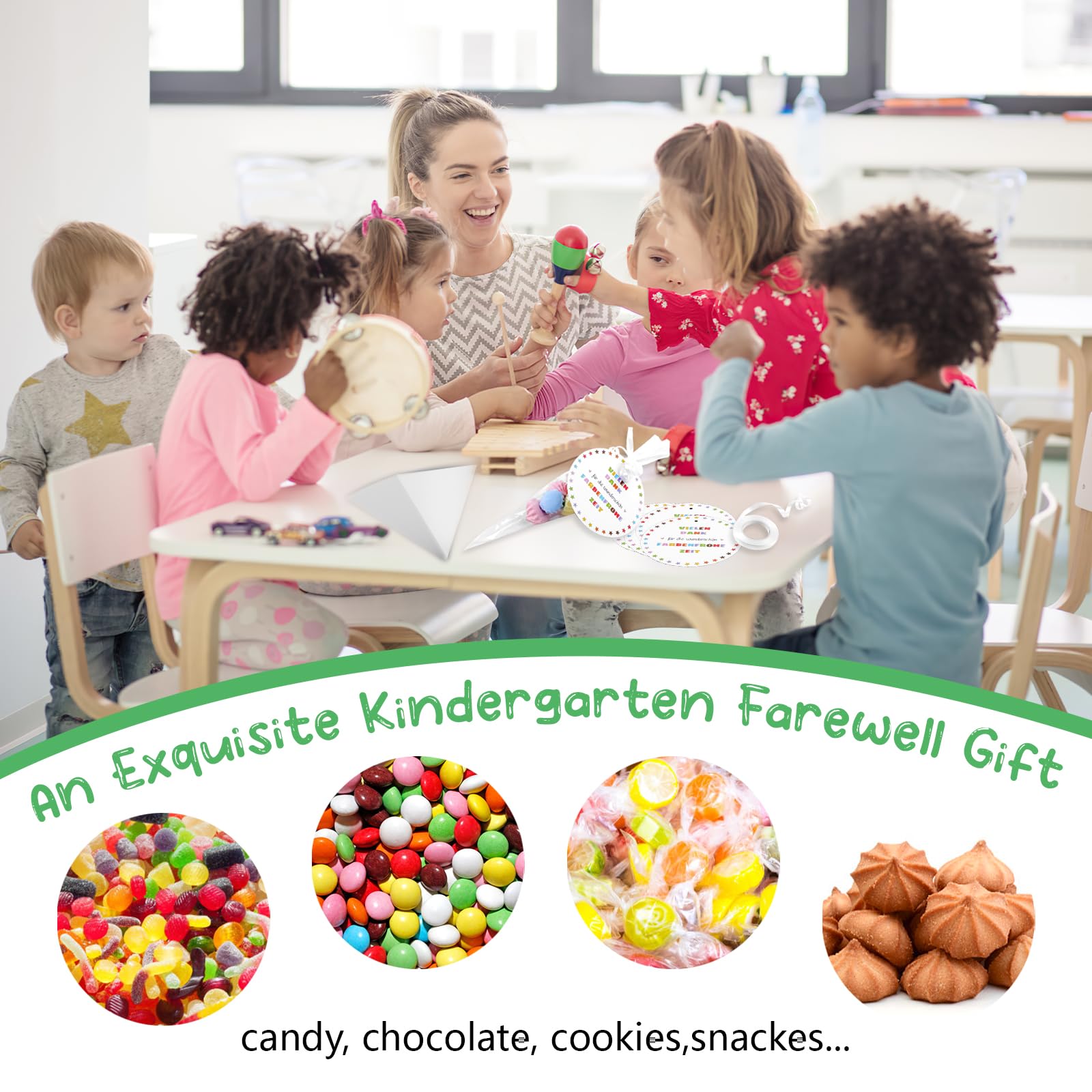 Abschiedsgeschenk Erzieherin, 40 Stück Kindergarten Abschiedsgeschenk Dank, Vielen Dank für die Farbenfrohe Zeit,mit 20 Stück Geschenkanhänger und 20 Stück Kegeltüten Geschenkverpackung