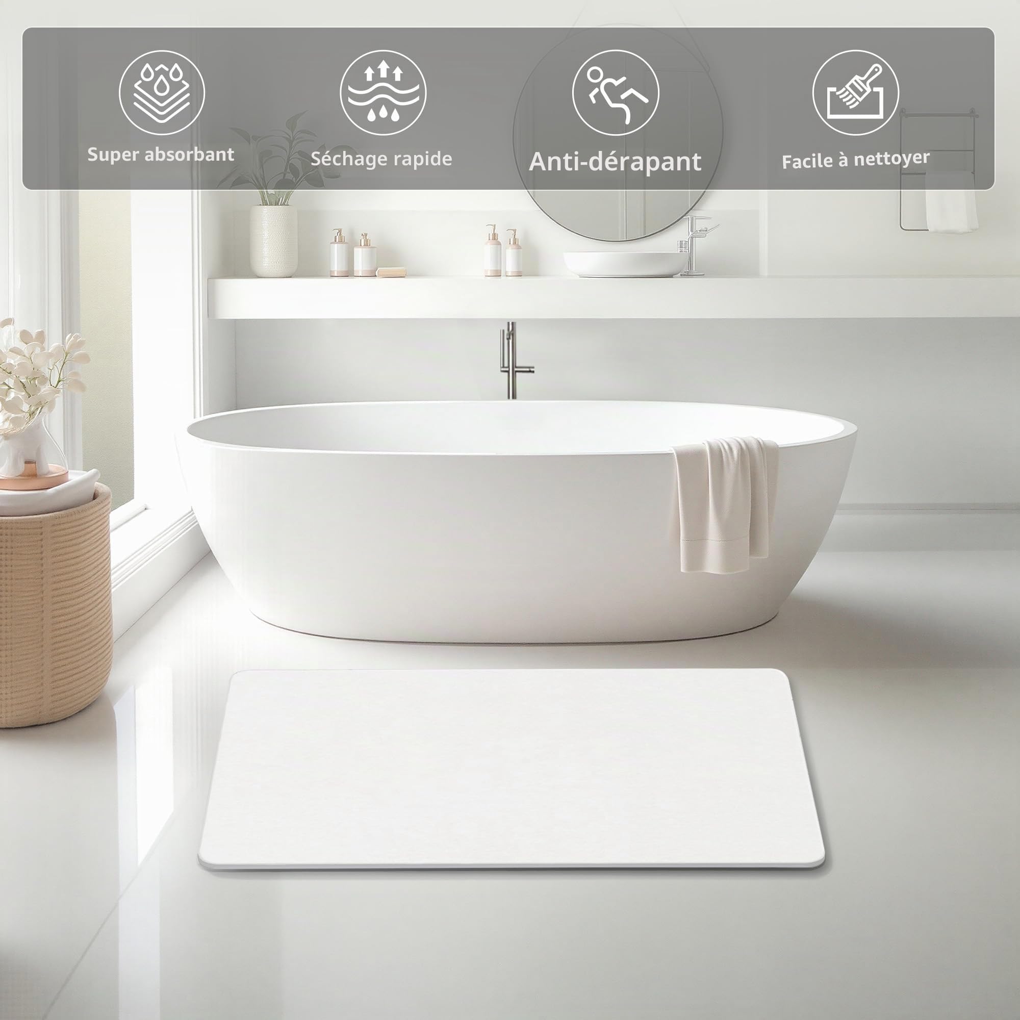 THMINS Tapis de Bain en Pierre 90x60 cm, Tapis de Bain Diatomite Absorbant, Séchage Rapide, Antidérapant, pour Salle de Bain et Douche, Blanc