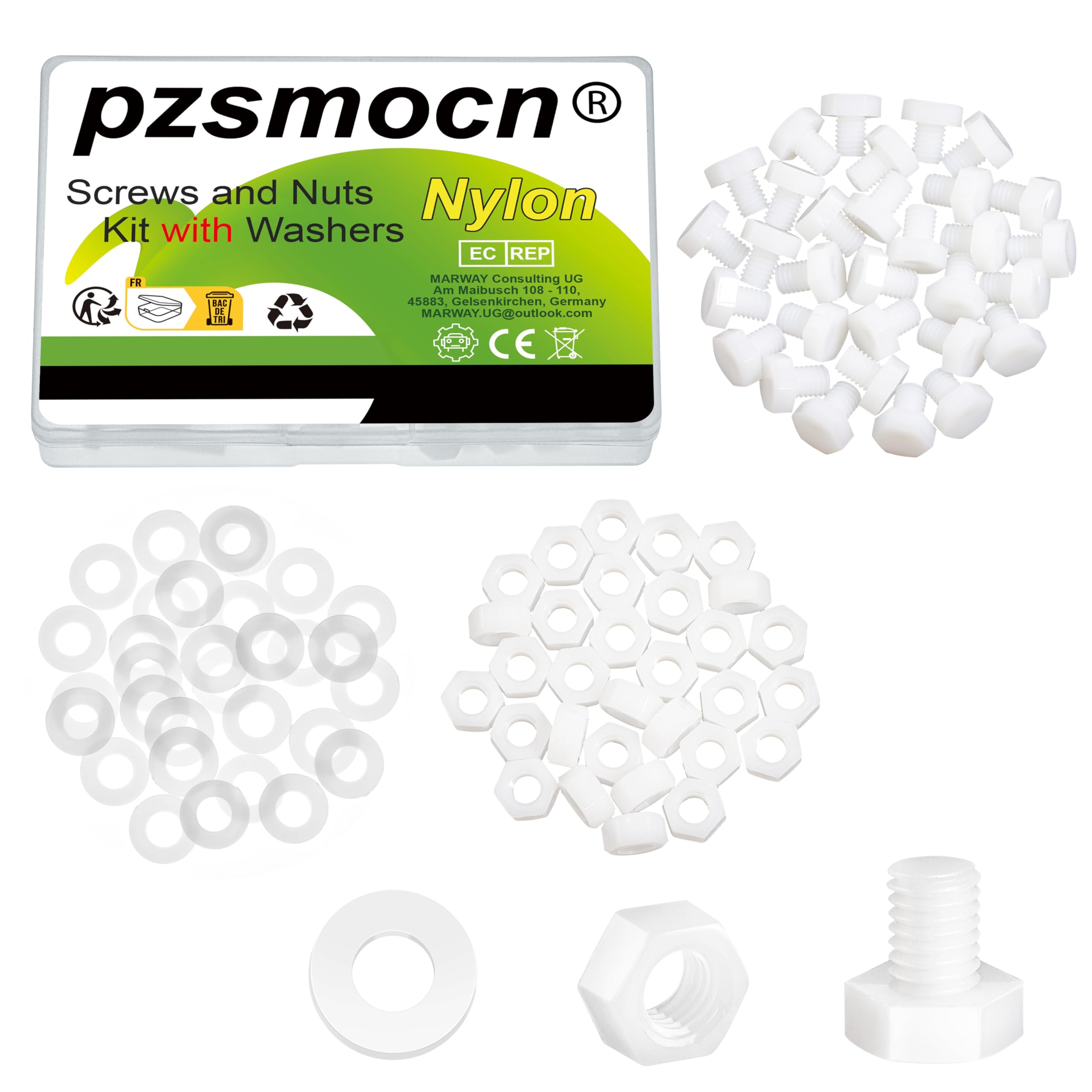 Pzsmocn 90 Pieces/30 Sets M8*10 mm Plastic White Nylon Outer Hexagon Screw Nut Combination Kit, with Insulating Washers, Standard Size, For DIY and Electronic Assembly. — image 1