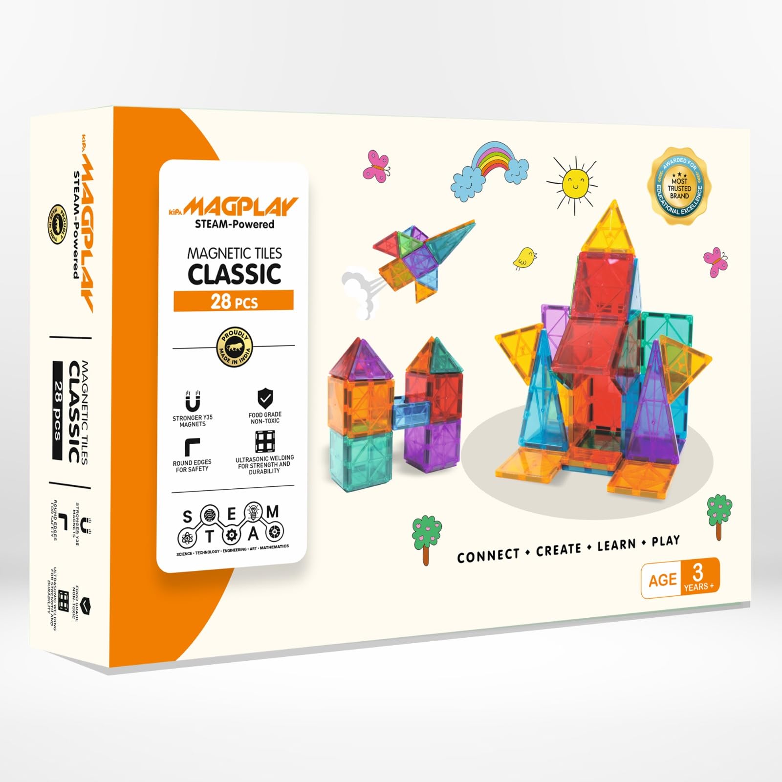 KIPA GAMING Magplay Magnetic Tiles 28 Pcs | Multi-Shape & Colour Magnetic Tiles | STEM Building Set for Kids 3+ | Creative Construction Learning Toy | Educational Game for Boys & Girls (Tiles 28)