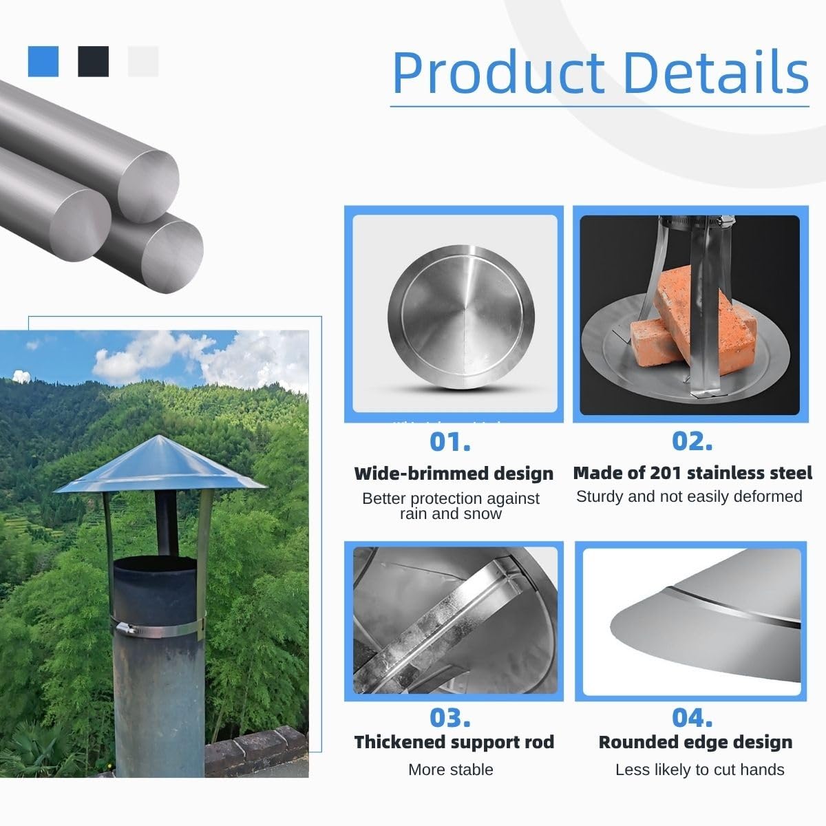 5cm-30cm Sombrerete de chimenea con parte superior cónica para exterior tubo de conducto,201 acero inoxidable sombrerete de chimenea,lluvia nieve Sombrerete,techo Sombrerete lluvia cubierta para Mad