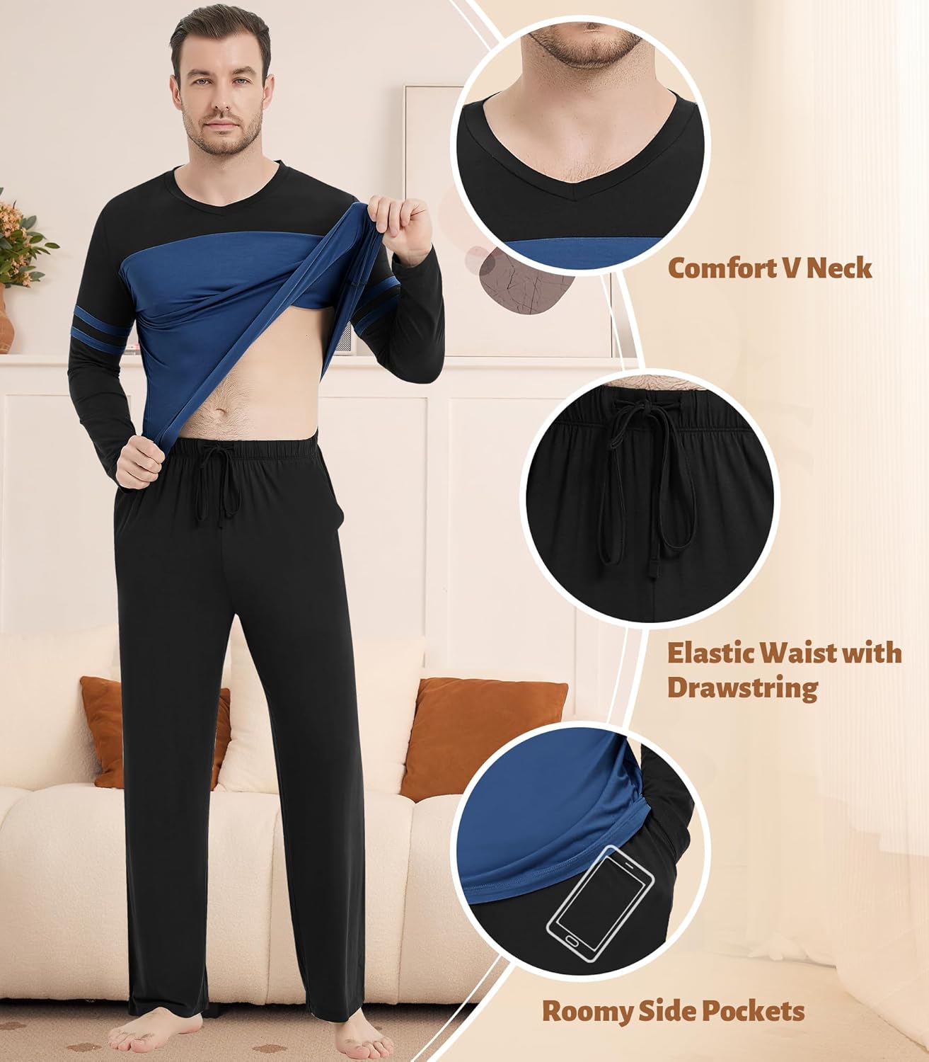 NACHILA Men's Pajamas-Viscose Made from Bamboo, Long Sleeve Pajama Shirt Soft Pants Sleepwear Comfy Pjs Set with Pockets - Image 4