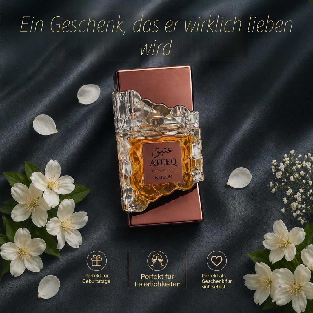 Nusuk Ateeq Herrenparfum - 100 ml | Langerhaltender Parfümextrakt | Noten von Zitrusfrüchten, Gewürzen und Holz | Kühnes männliches Luxusparfum