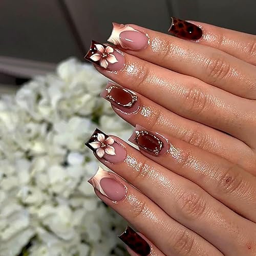 Brown French Tip Press on Nails Ballerina Shape, Caramel Nude