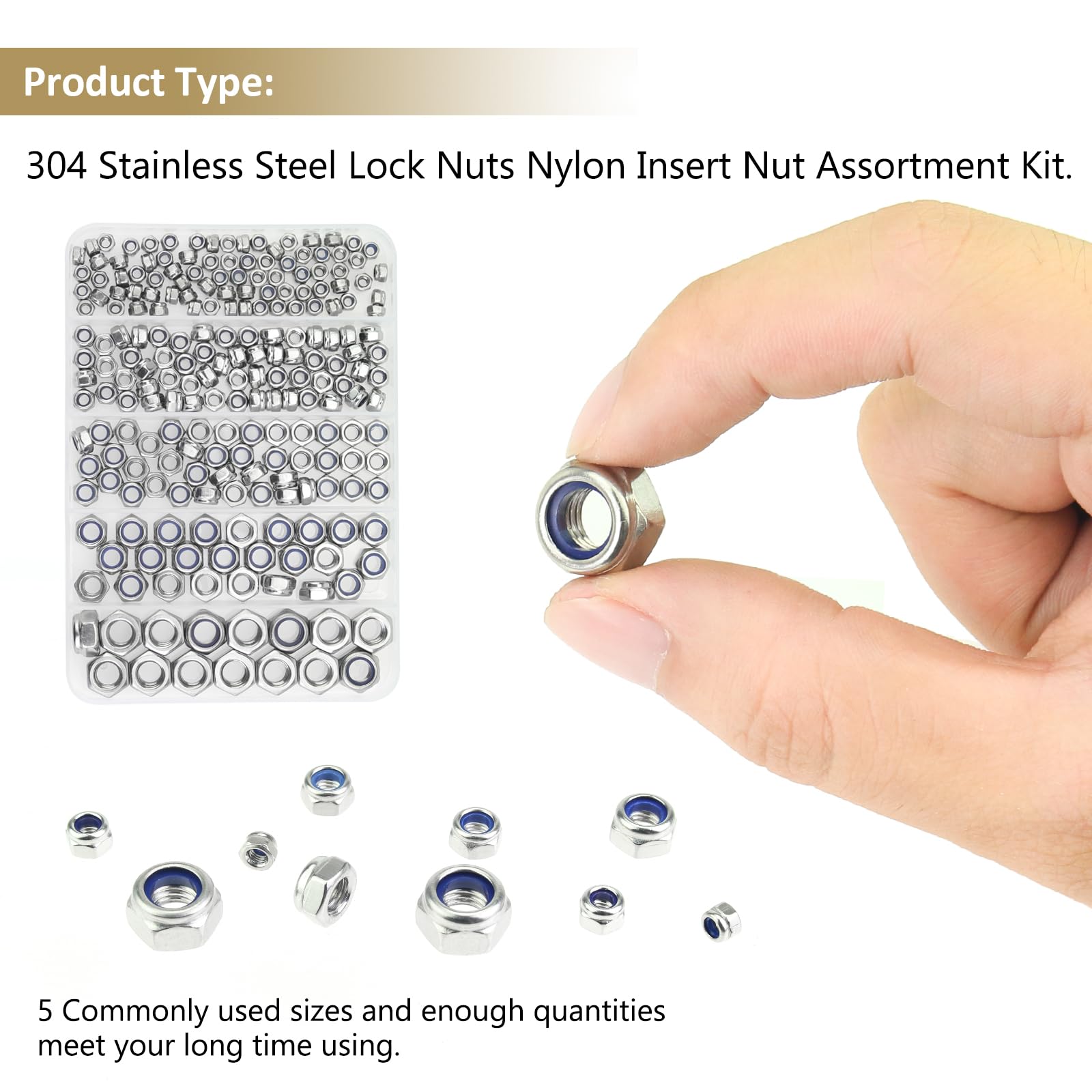 82-Piece 304 Stainless Steel Nylon Lock Nut Assortment Kit - Sizes M3, M4, M5, M6, M8