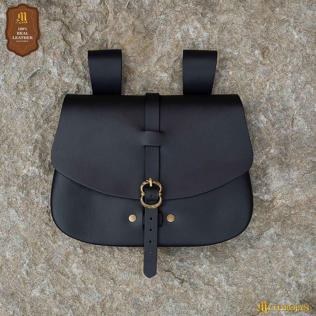 Medieval Leather Belt Pouch Vintage Waist Bag for LARP, Renaissance Fairs, Costumes, Cellphone Holder, Travel Wallet, Fanny Pack, Holster Purse Durable & Stylish Pouch - Black, 6.2” x 7” - Image 4