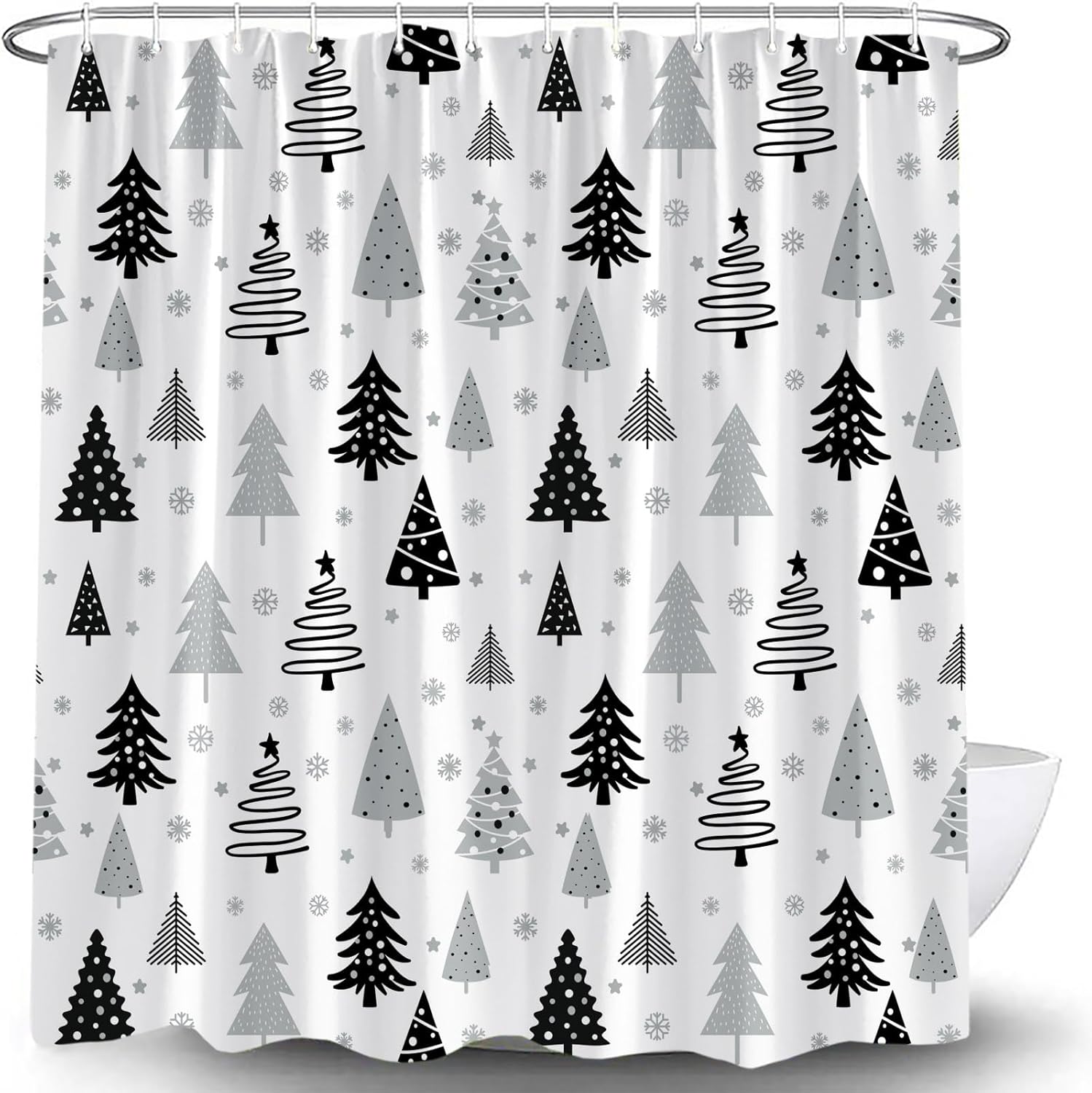 Christmas Tree Shower Curtain Pink Grey White Black Xmas Pine Tree Snowflake Rustic Winter Snow Forest Scenery Merry Christmas New Year Winter Holiday Fabric Bath Curtain with Hook