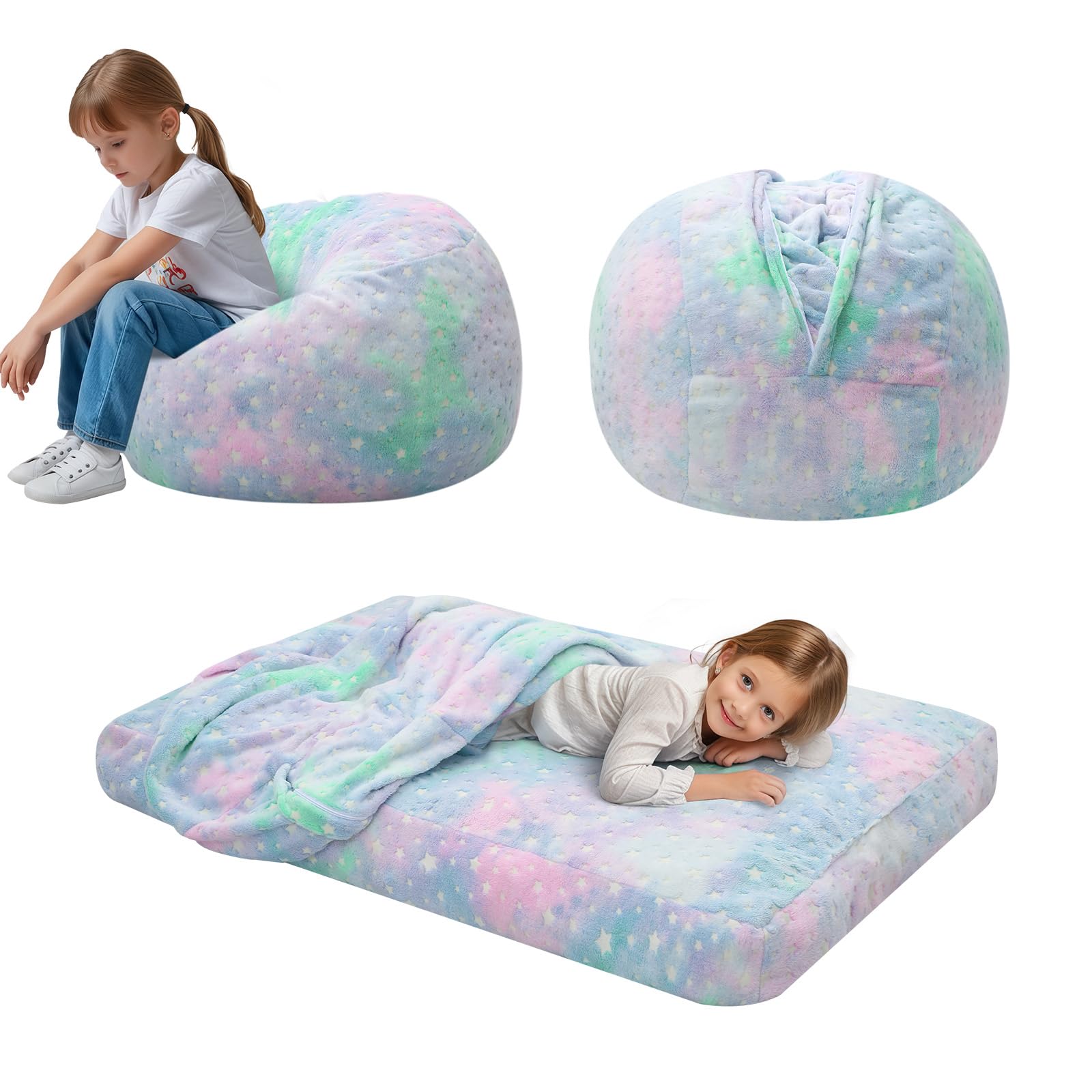 MeMoreCool Kids Bean Bag Chair Turn into Beanbag Bed, Toddler Chair for Girl Boy Reading, Lazy Children Sofa Couch with Filling, Convertible Child Floor Mattress, 75 x 75 x 47cm, Colorful Stars
