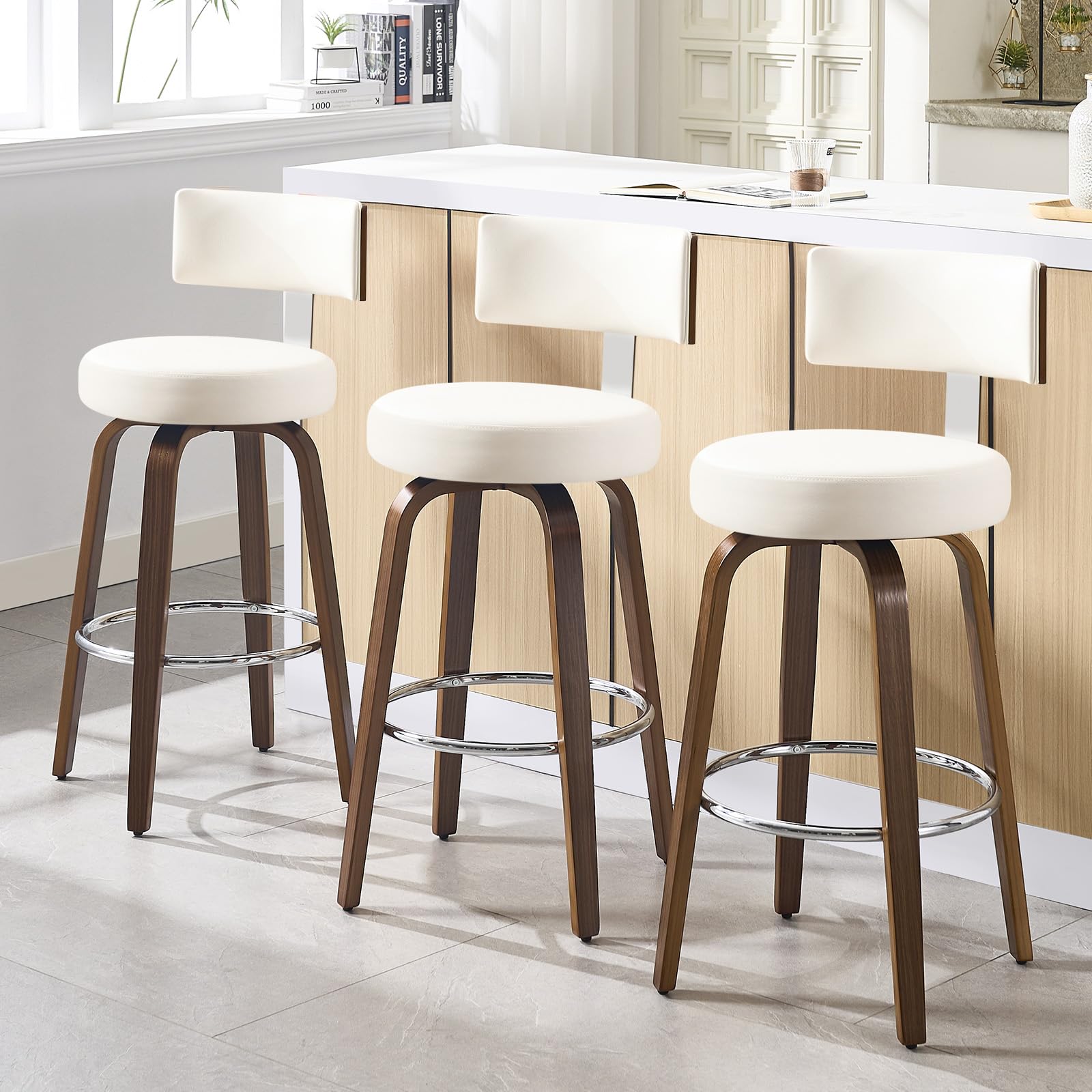 Bekrvio Swivel Bar Height Bar Stools Set of 3, Faux Leather Kitchen Stools Upholstered Barstools with Back, Walnut Wood Legs, Tall Bar Stools for
