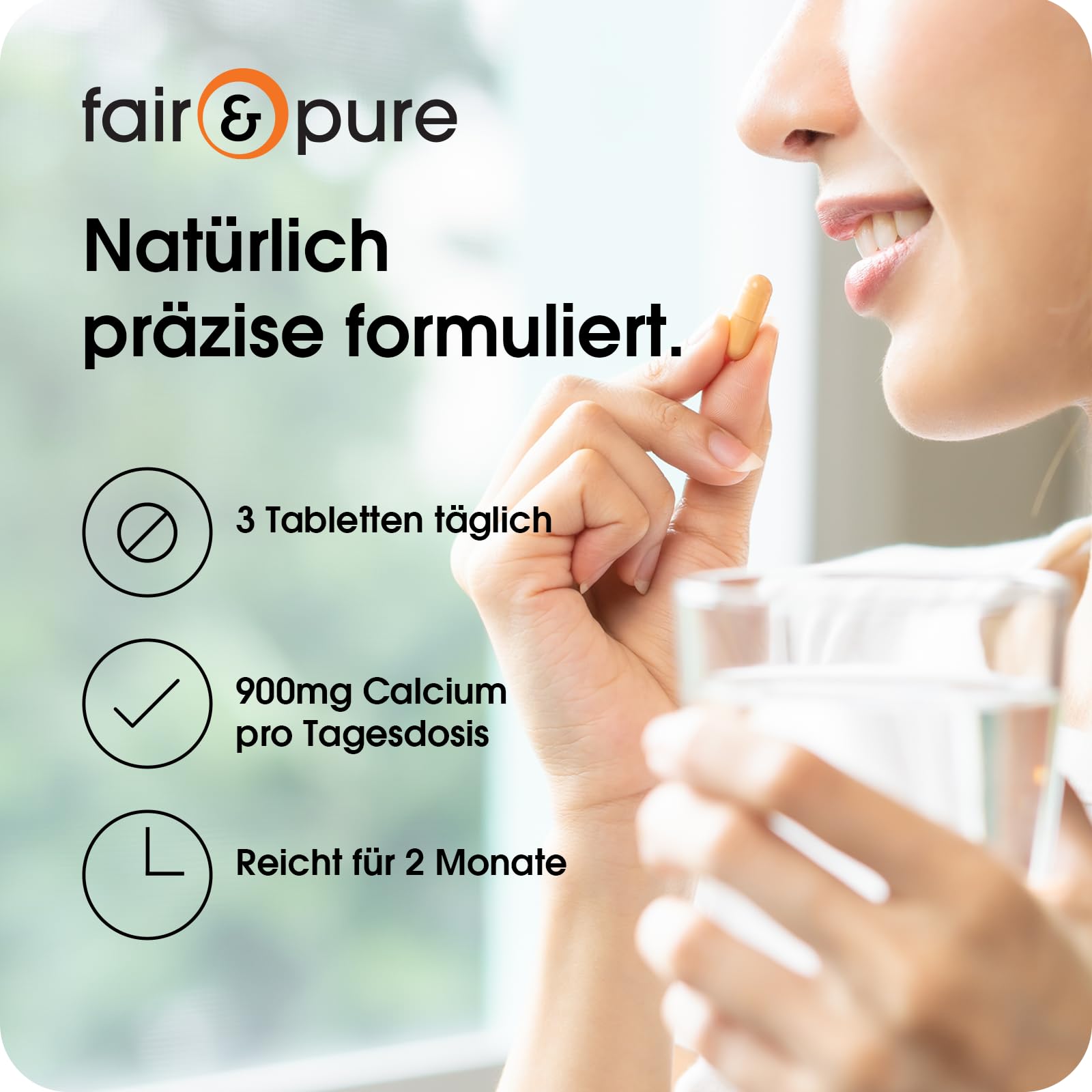 Fair & Pure Calciumcitrat mit 300mg Calcium pro Tablette, 180 Stück, Nahrungsergänzungsmittel vegan ohne Magnesiumstearat, in Deutschland hergestellt