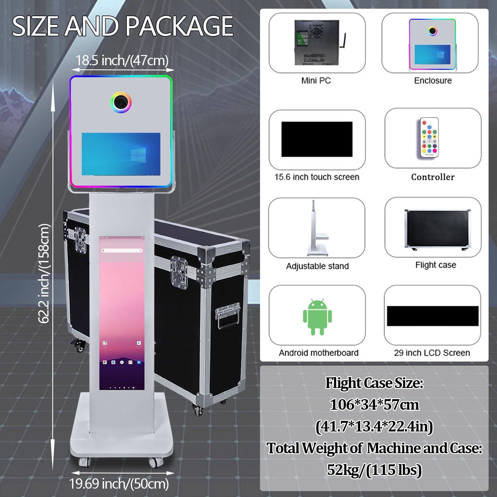 Cabina fotografica portatile con schermo touch screen LCD da 15,6 e 29 pollici, per selfie, per eventi, feste di nozze, noleggio, Natale, custodia per volo (macchina + mini stampante)