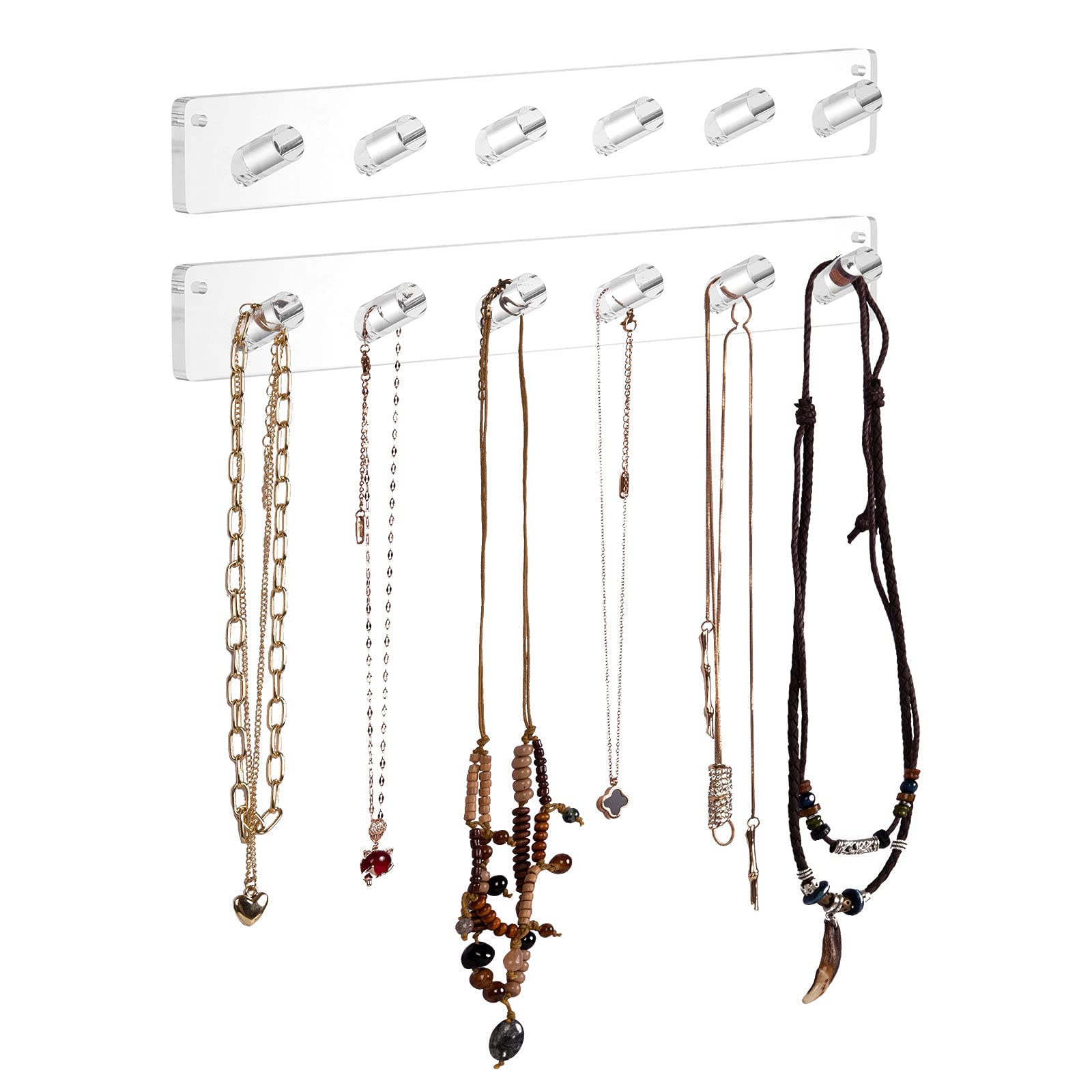 SYOSI Necklace Holder, , Acrylic Necklace Organizer Wall Mounted with 6 Hooks, for Hanging Necklace, Jewelry, Bangles, Bracelets and Rings, Best Gifts (2 Packs)