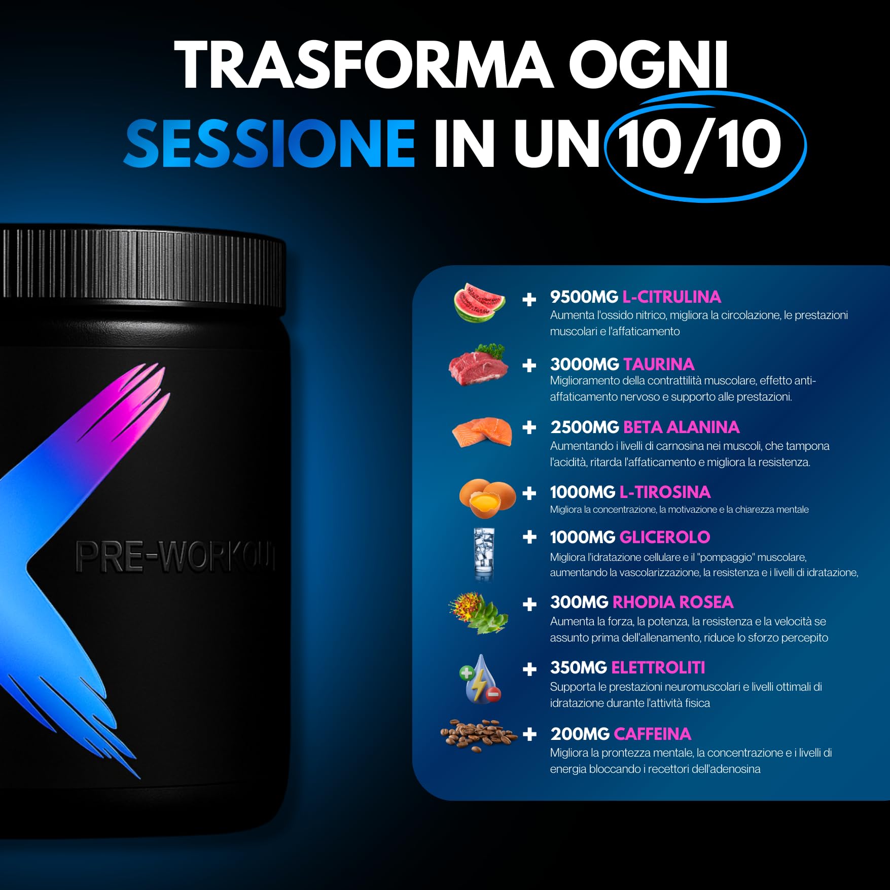 DIX PRE-WORKOUT pro | Energia | Pump | Focus | Elettrolita | L-citrullina | Beta-alanina | L-tirosina | Rhodiala Rosea | acido mallico (SECRET CANDY)