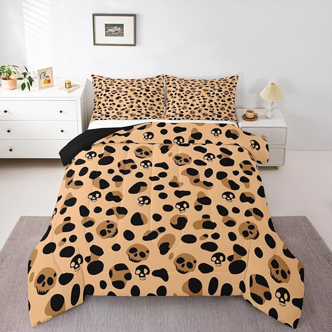 Erosebridal Leopard Print Comforter Set Twin Brown Cheetah Print Bedding, Sugar Skull Bedding Comforters & Sets Safari Animal Duvet, Jungle Wildlife Quilt Comforter Gothic Skeleton Bedroom Decor, 2pcs