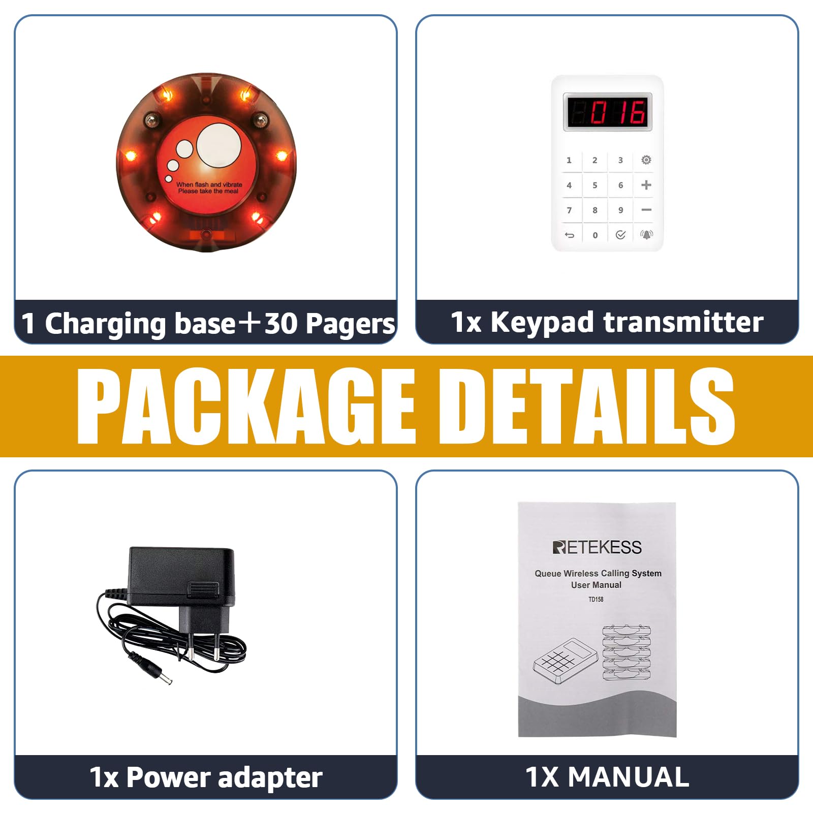 Retekess TD158 Bezprzewodowy System Przywoławczy, 30 Buzzer Pagera, Zasięg Zewnętrzny 500M, Wyświetlacz LED w Kształcie Tuby, 4 Tryby Połączenia, Czas Trwania Połączenia 1-250 s, Hotel