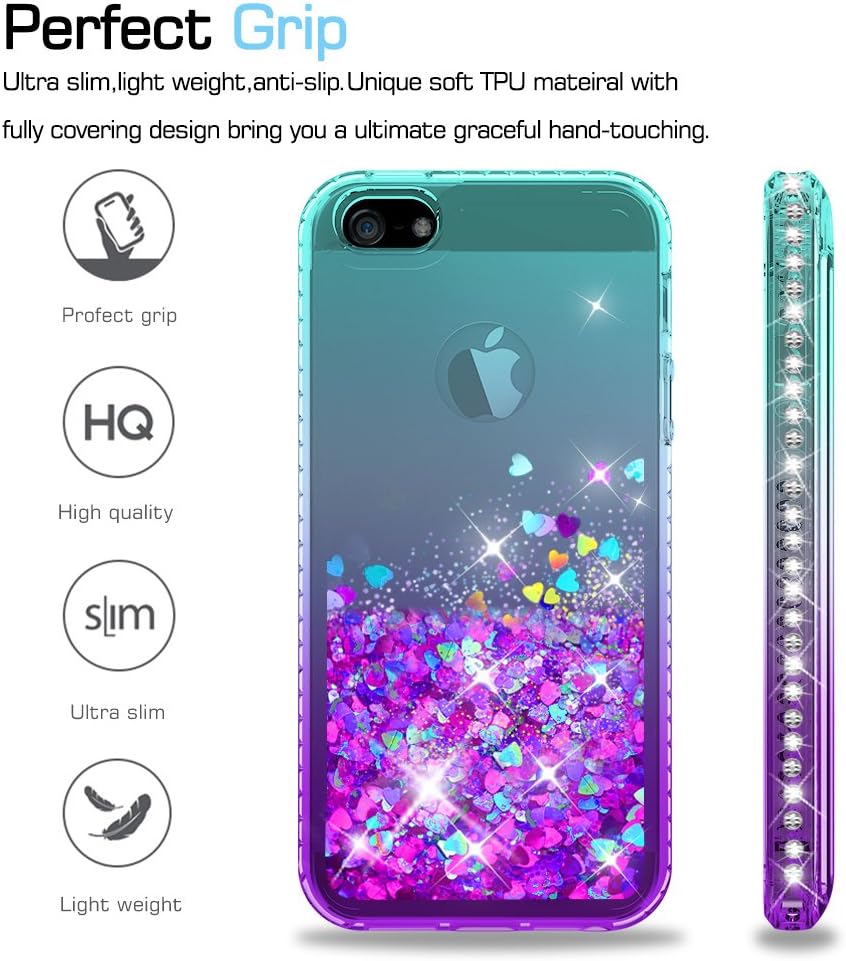 LeYi Compatible with iPhone SE 2016 Case (Not fit SE 2020!!), iPhone 5S Case, iPhone 5 Case with 2pcs Tempered Glass Screen Protector, Glitter Case for iPhone 5, Teal/Purple