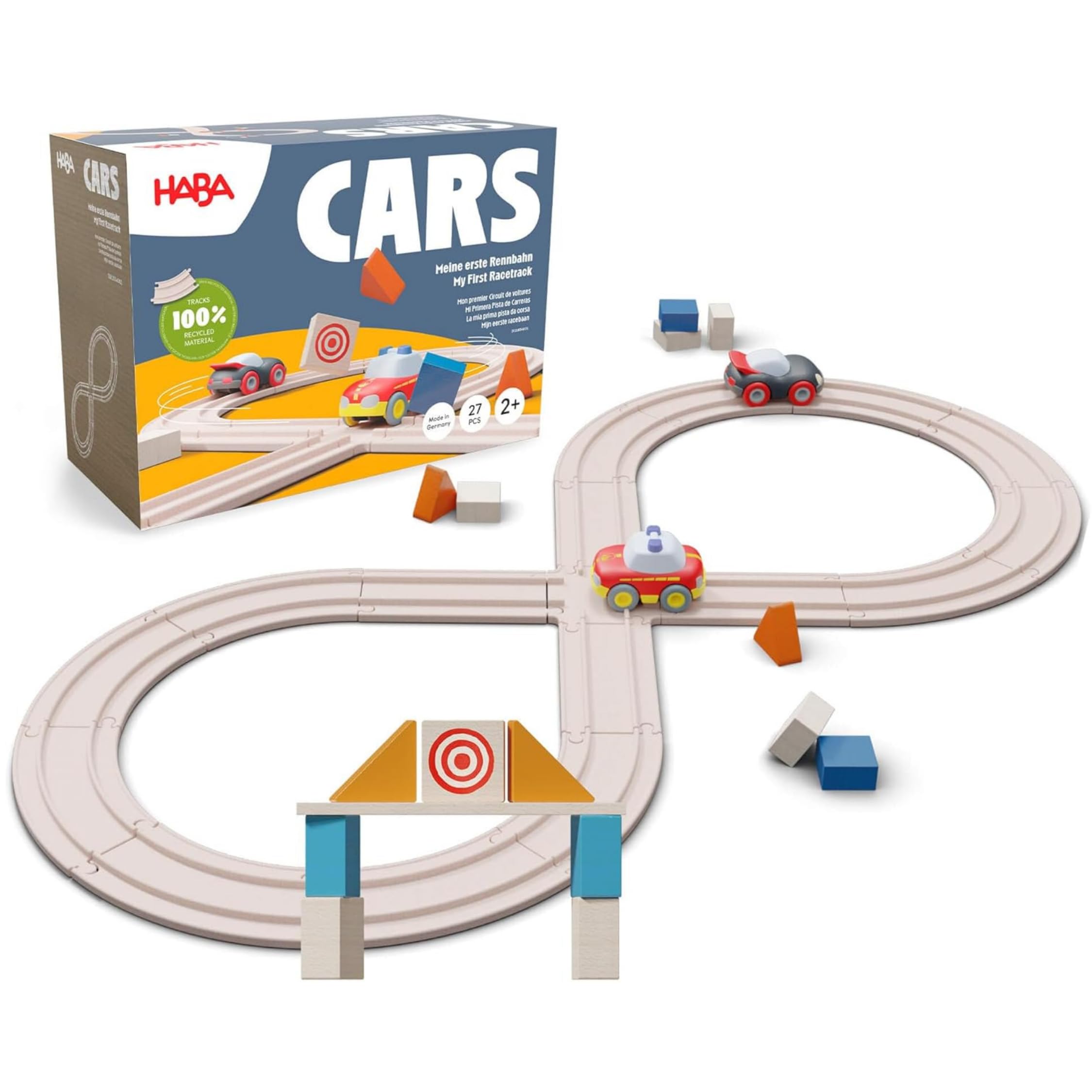 HABA Cars Meine erste Rennbahn – 27-teilige Holzbahn mit Holz-Schienen & 2 Flitzern – Nachhaltiges Öko-Spielzeug ab 2 Jahren – Geschenk zum 2. 3. & 4. Geburtstag & Weihnachten