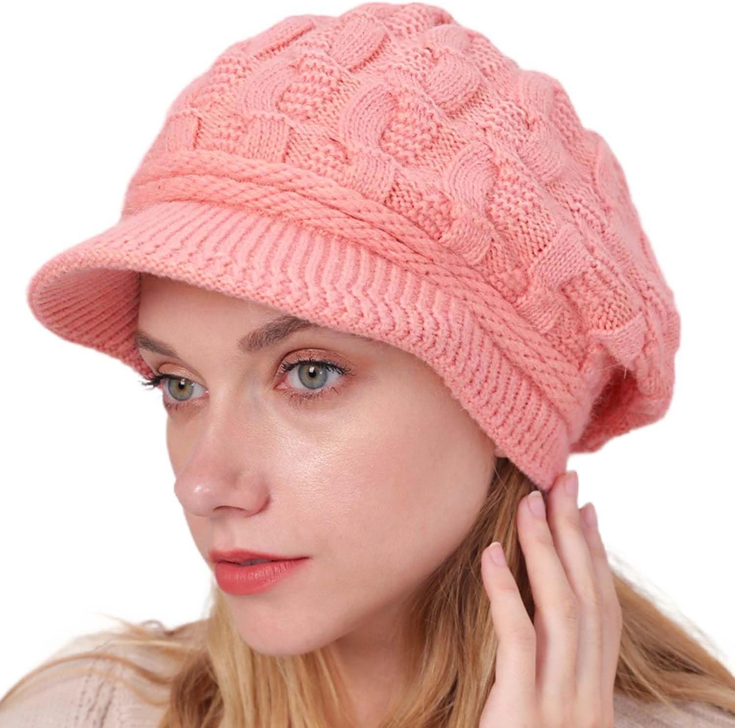 Winter Hats Knitted Beanie Hat with Visor Slouchy Skull Hat Warm Beanie Cap Headwear for Women