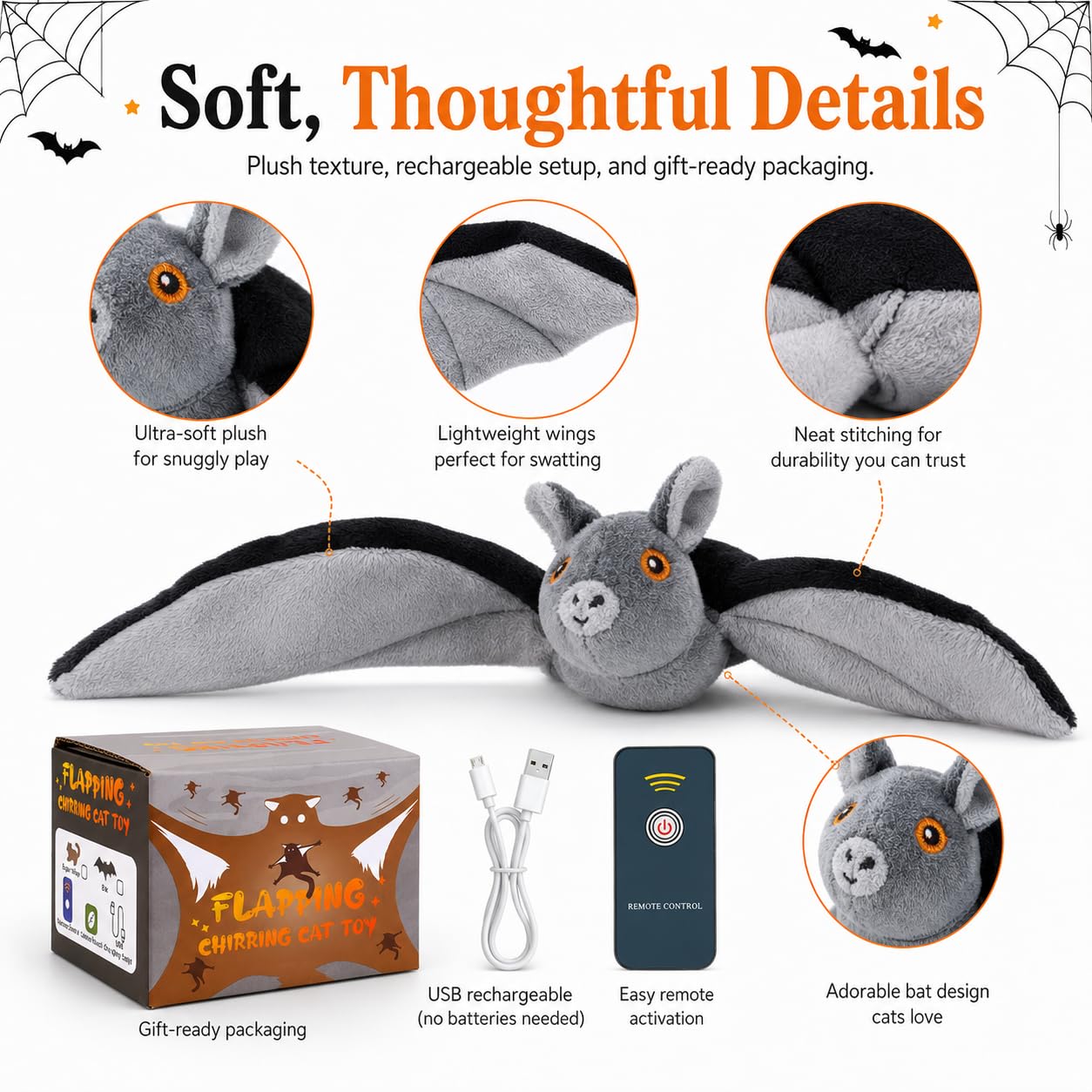 Pealeaf Murciélago Volador para Perros y Gatos, Juguete Interactivo de Peluche Recargable por USB con alas móviles, Hierba gatera y Gancho para perseguir en Interior (3PCS)