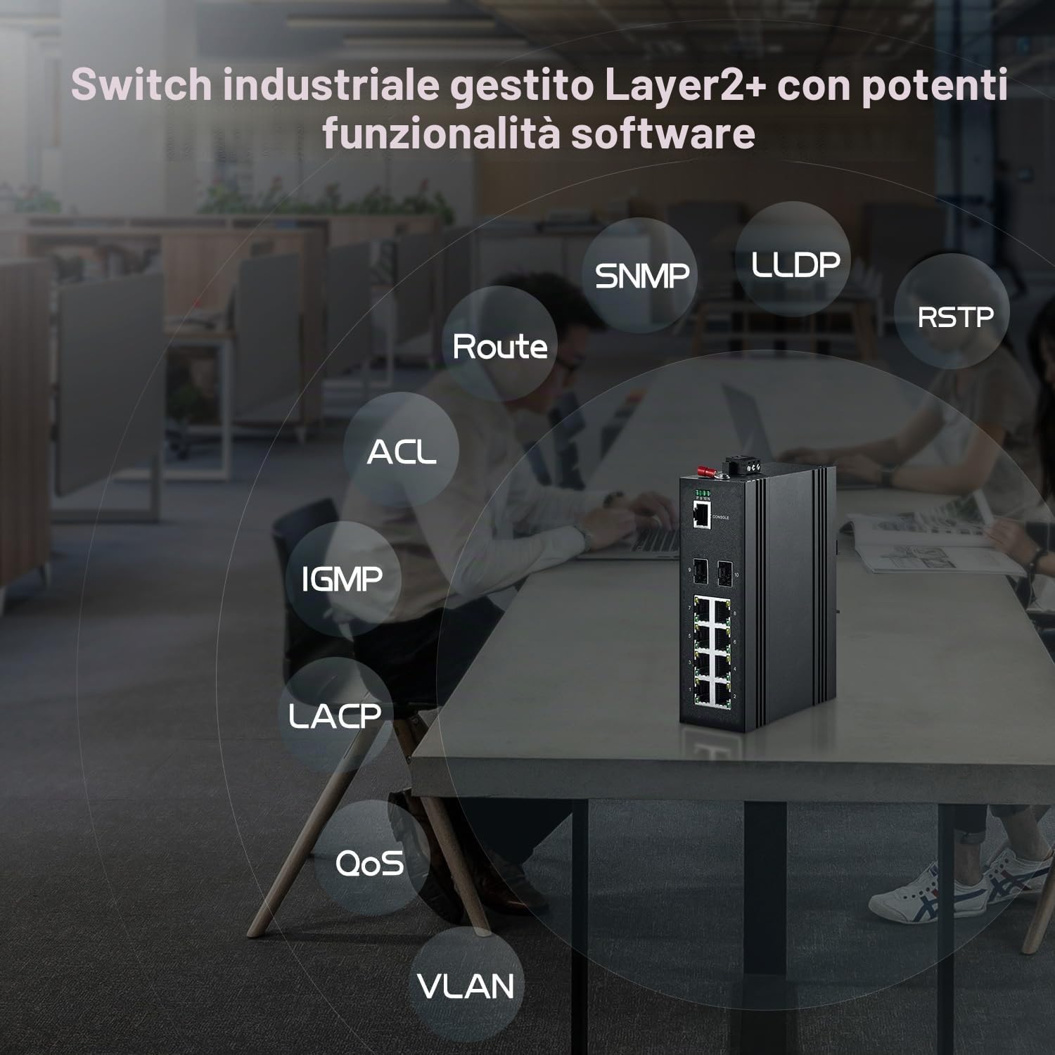 Binardat Switch a 10 porte Gigabit L2+ gestito PoE Industrial DIN-Rail Switch, 8 porte Gigabit PoE, 2 Gigabit SFP, IEEE802.3AF/at, Vlan|Route|Ring|ACL|Qos Web/Console gestito