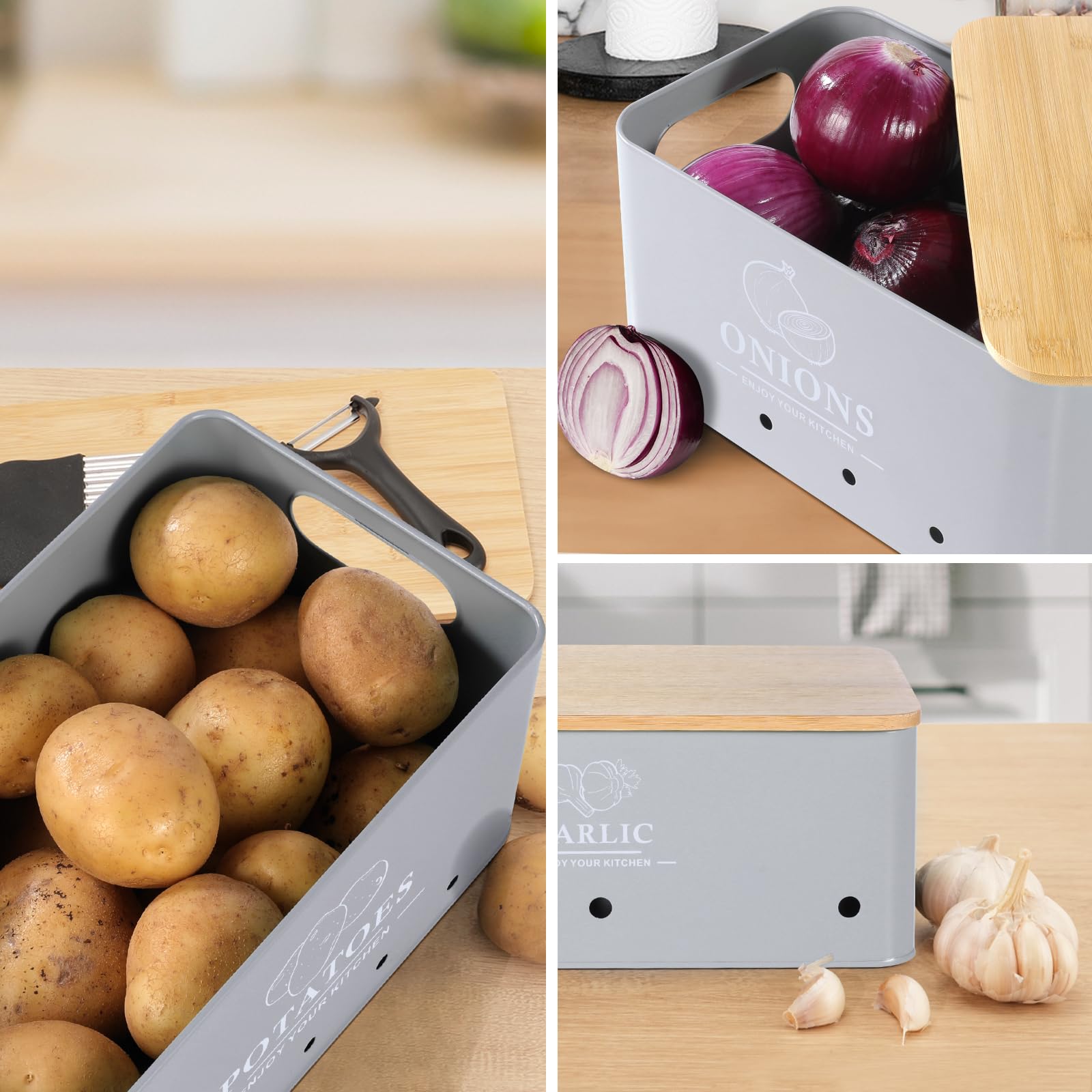 Küche Gemüse Aufbewahrung Set 3 Stück Metall Zwiebeln Knoblauch Kartoffel Aufbewahrungs-Set Küche Kanister Gemüse Behälter Behälter mit Belüftungslöchern und Holzdeckel (Grau)
