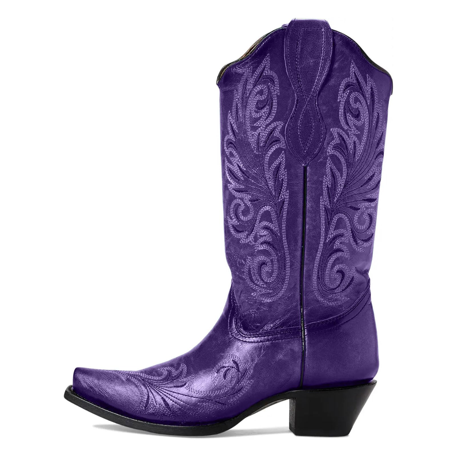 Womens Vintage Embroidered Block Heel Western Cowgirl Mid Calf Boots Fashion Square Toe Pull On V Cut Fall