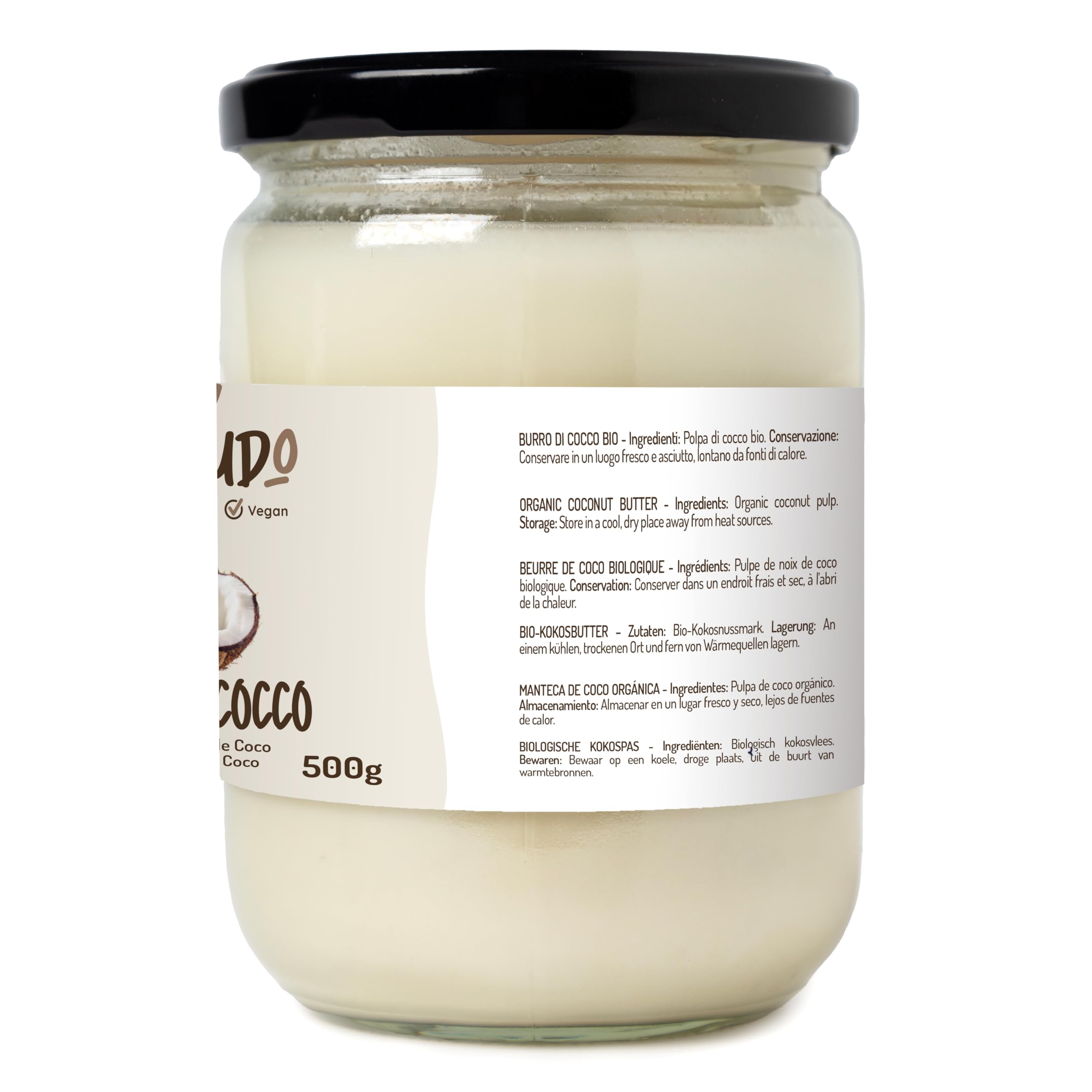 Creme de Coco bio - 500ml. Beurre de noix de coco biologique extrait à froid sans sucre. Idéal pour la cuisine végétalienne, les bonbons à la noix de coco et les gâteaux