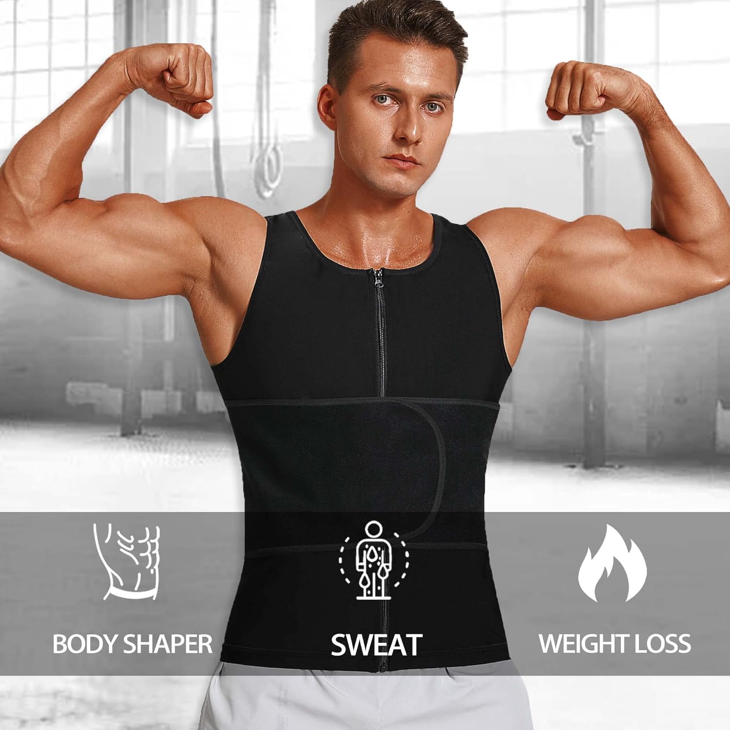 LMCOB Sauna Vest for Men Waist Trainer Vest with Zipper Workout Sauna Suit with Adjustable Waist Trimmer Belt - Image 5