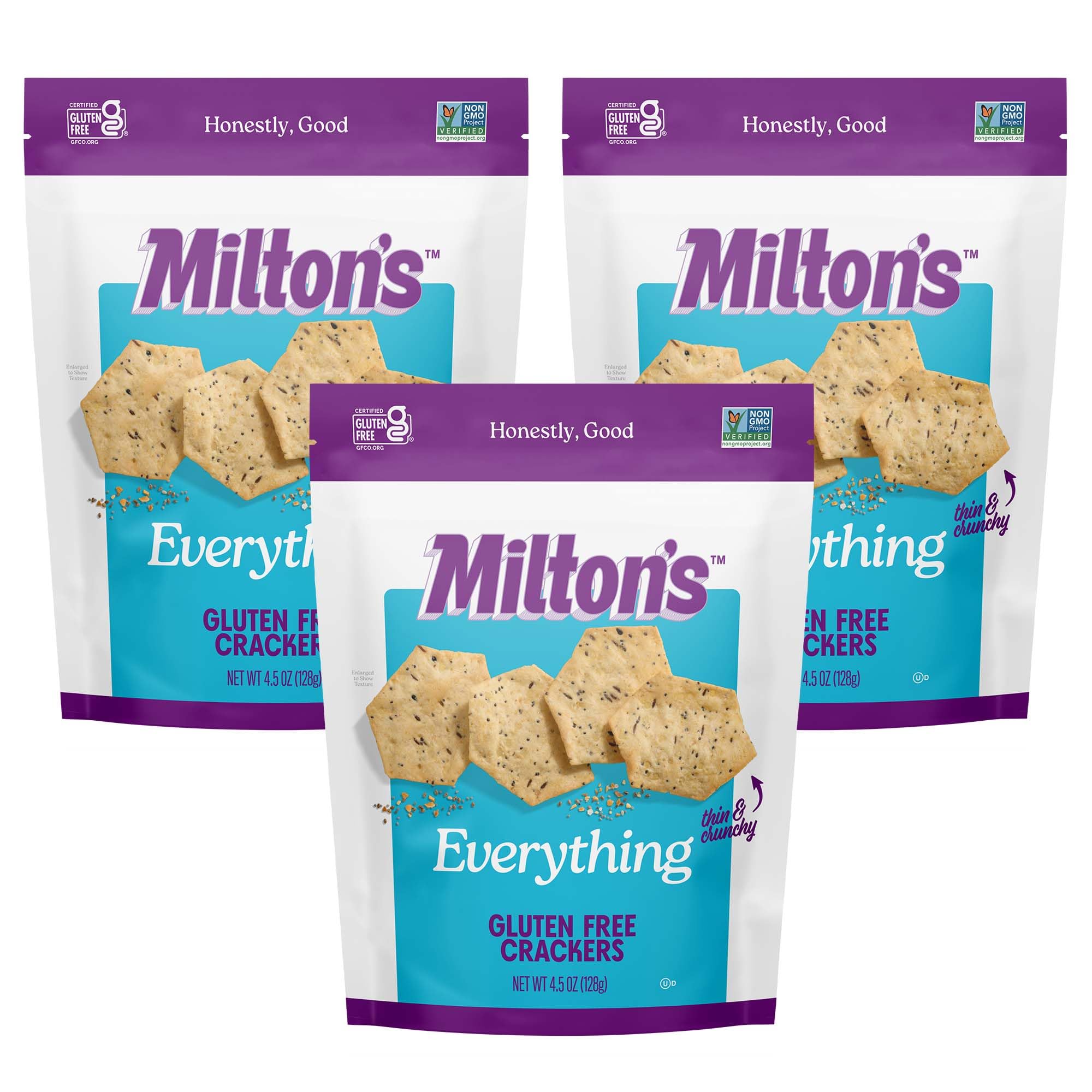 Milton's Gluten Free Crackers, Everything - Everything Bagel Inspired, Non-GMO Project Verified, Kosher, Certified Gluten Free Snack, 7 Grains In Every Bite - 4.5 Oz, Pack of 3