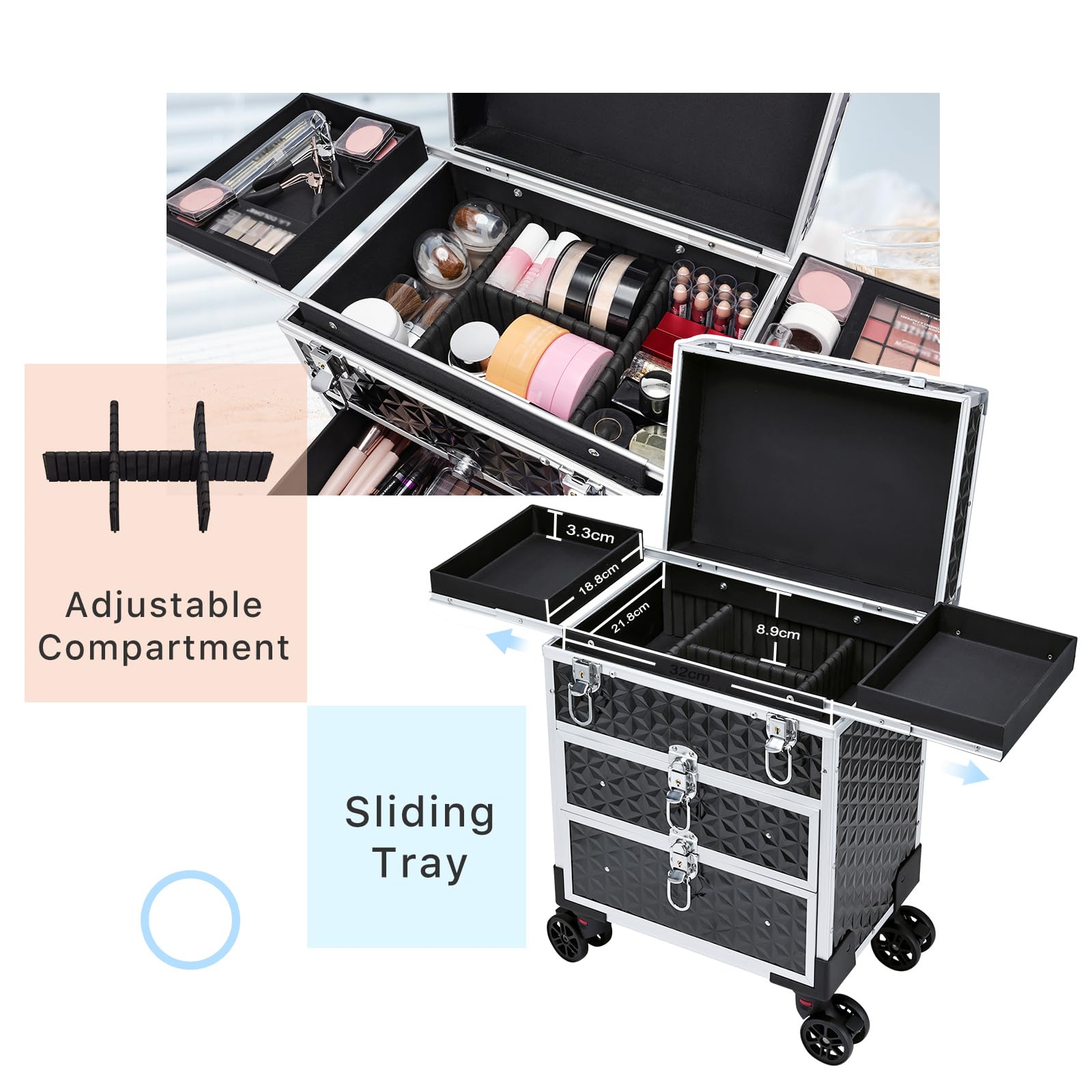 Kosmetik Trolley mit 2 Schublade Kosmetikkoffer Trolley Friseurkoffer mit Rollen Make up Koffer Schminkkoffer Nagelkoffer Abschließbare Beauty Case,Schwarz