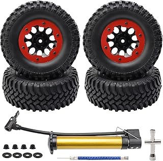 Newzoll 4-Pack 1/10 RC Crawler Tires and Wheels, 1.9 inch Plastic Beadlock Wheel Rim 12mm Hex Hub Off Road Crawling Rubber Tire OD 100mm, Red