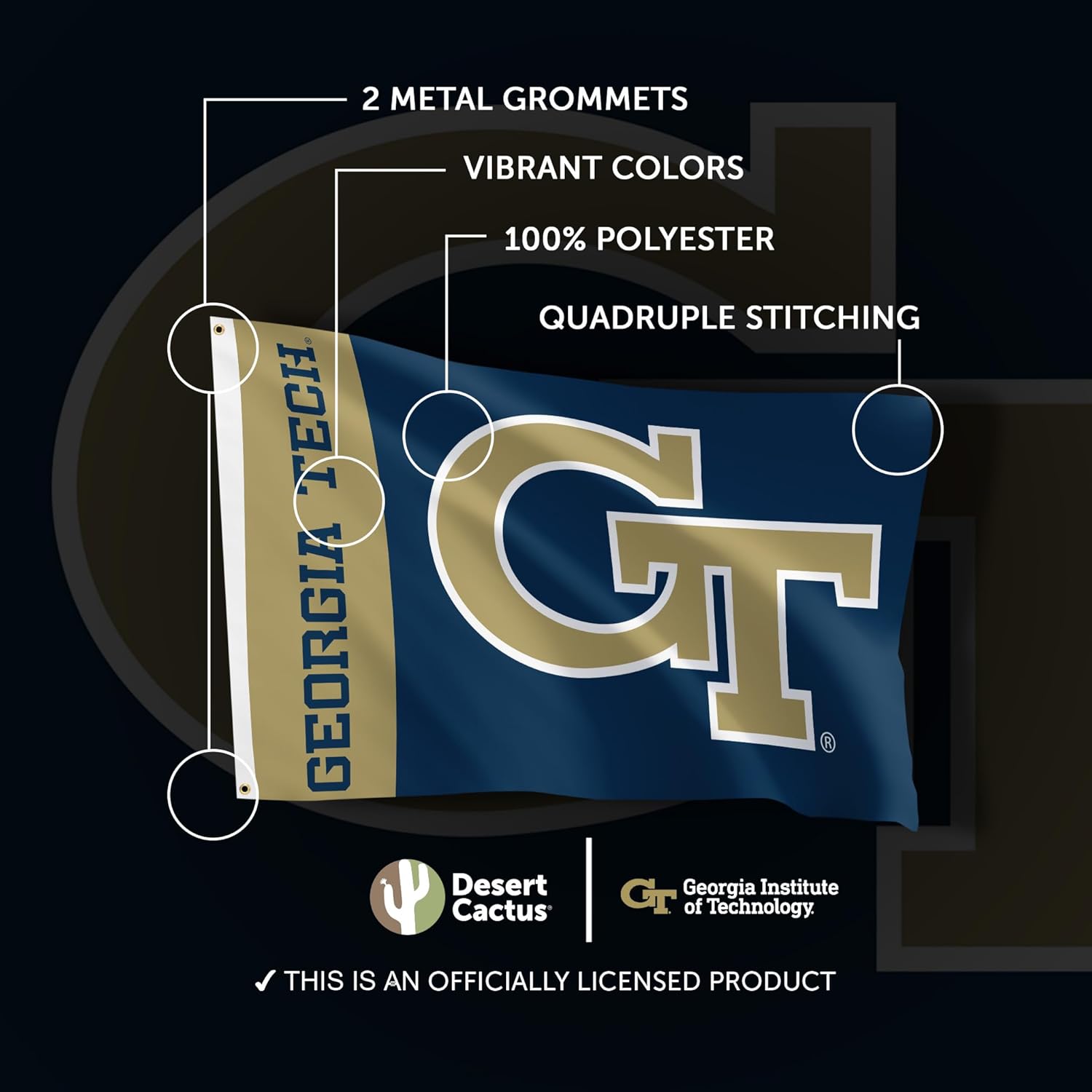 Desert Cactus Georgia Tech Flag Yellow Jackets GT Institute of Technology Banners 100% Polyester Indoor Outdoor 3x5 feet Flags (Team Name)