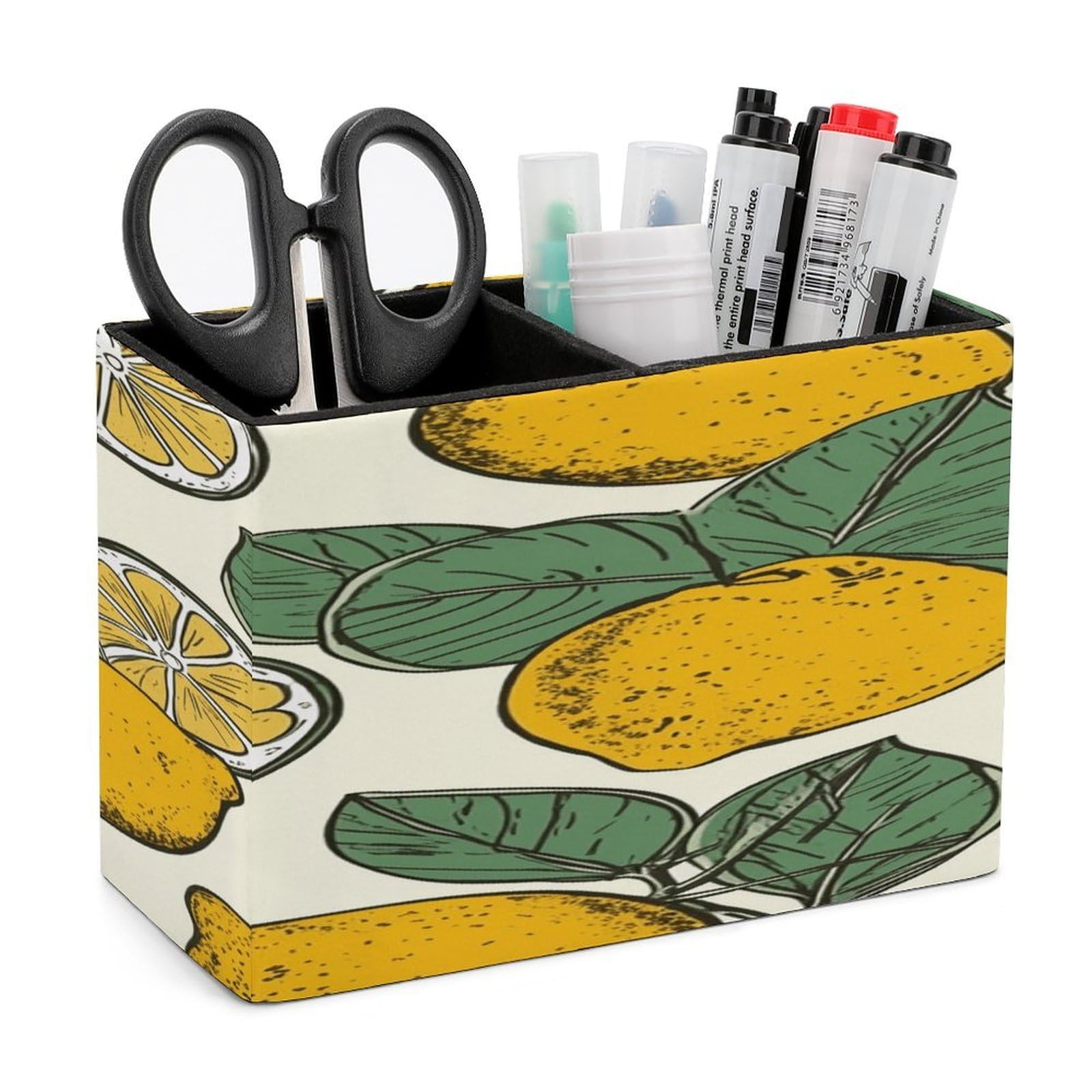 FekiLoot Lemon Fruit Pattern Leather Pen Holder for Desk Double Compartments Brush Minimalist PU Leather Pencil Holder Locker Organizer for Work Locker Accessories Pencil Cup for Desk
