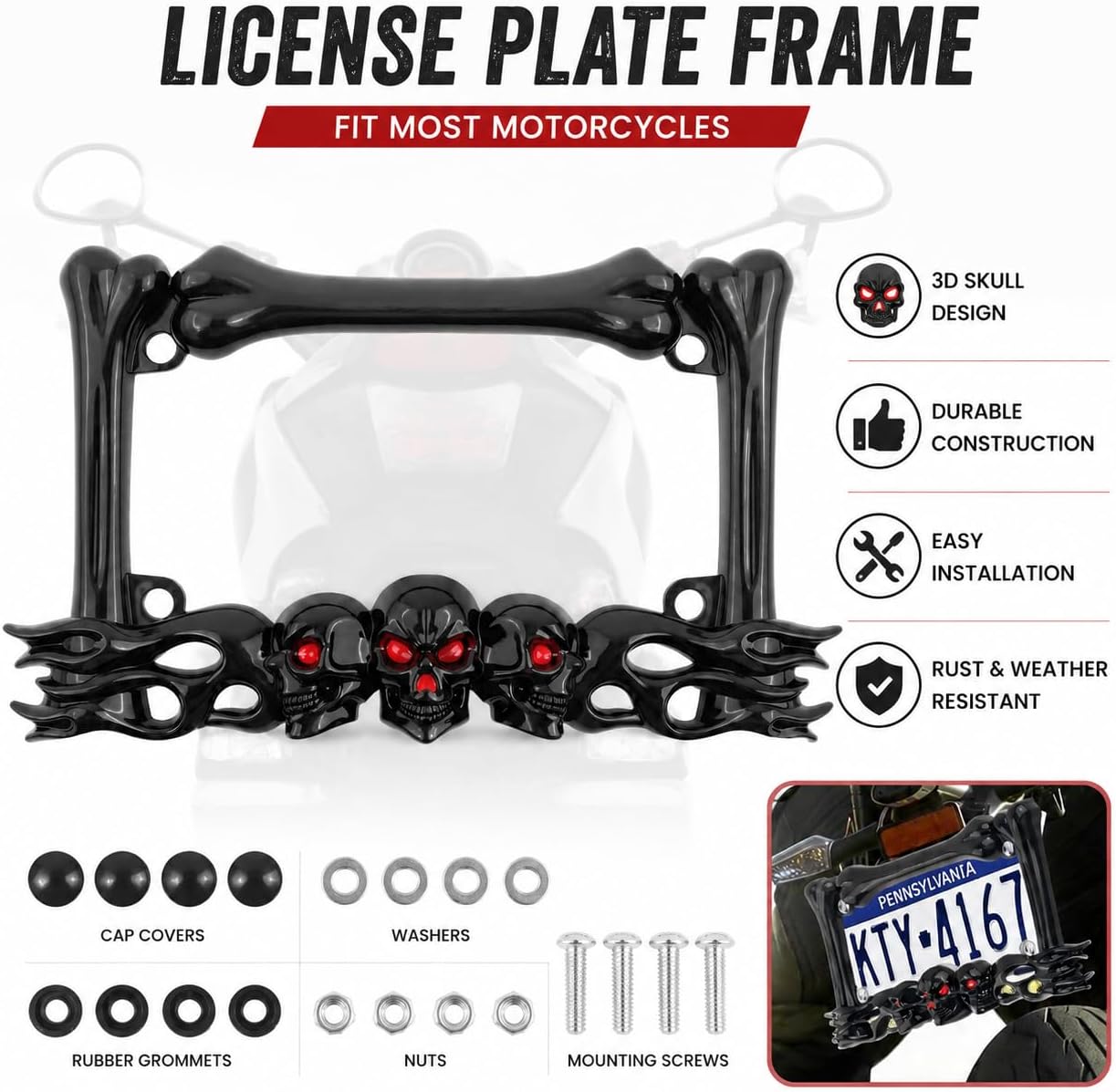 Skull Motorcycle License Plate Frame for 7 x 4 Inch US Plates, Black ABS Motorcycle Tag Holder with Red Eye Design, Mounting Screws Nuts Washers and Caps, Universal Rear Plate Bracket