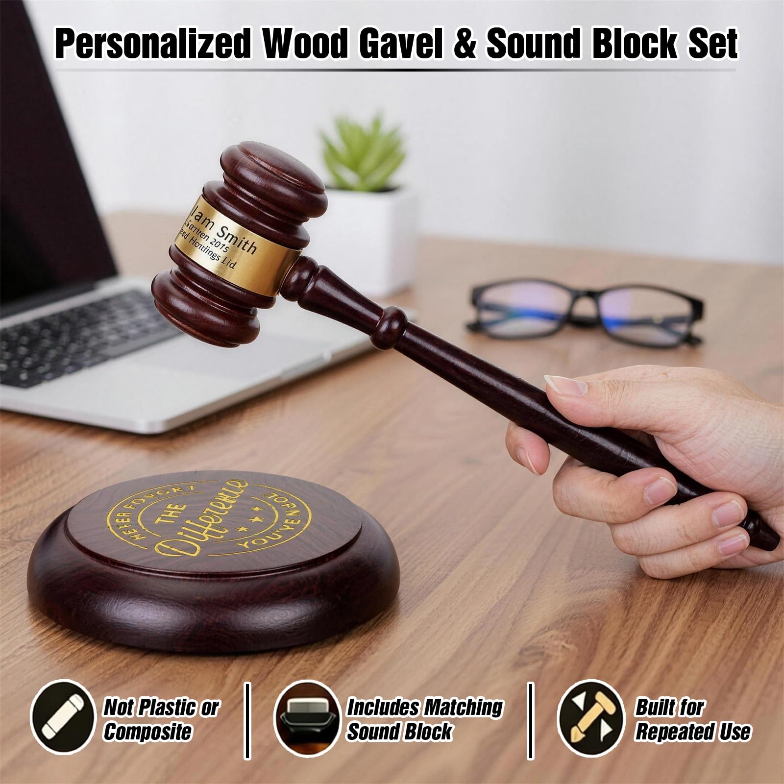 Juego de martillo de juez personalizado con bloque acústico, regalo para jubilados, abogado, subastador, decoración de escritorio, jubilación, graduación.