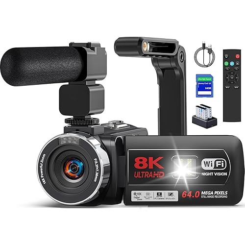 8K 64MP Video Camera Camcorder IR Night Vision Vlogging Camera 18X Zoom WiFi Digital Camera for YouTube 3.0'' Touch Screen Camcorder with 64GB SD Card, 2 Batteries, Remote Control, Mic and Stabilizer