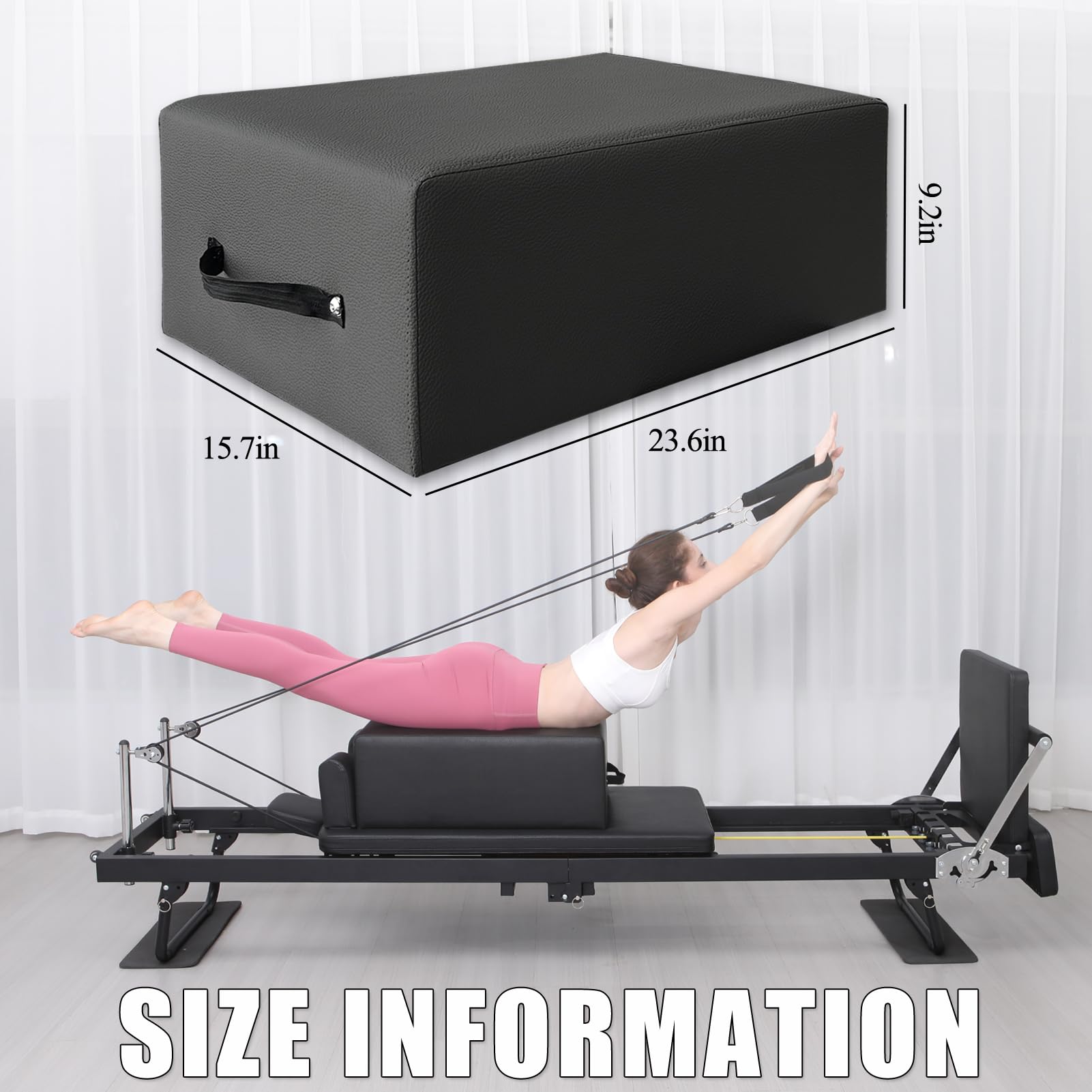 Reformador de pilates negro y accesorio para estiramiento, equilibrio y ejercicio, equipo de gimnasio en casa