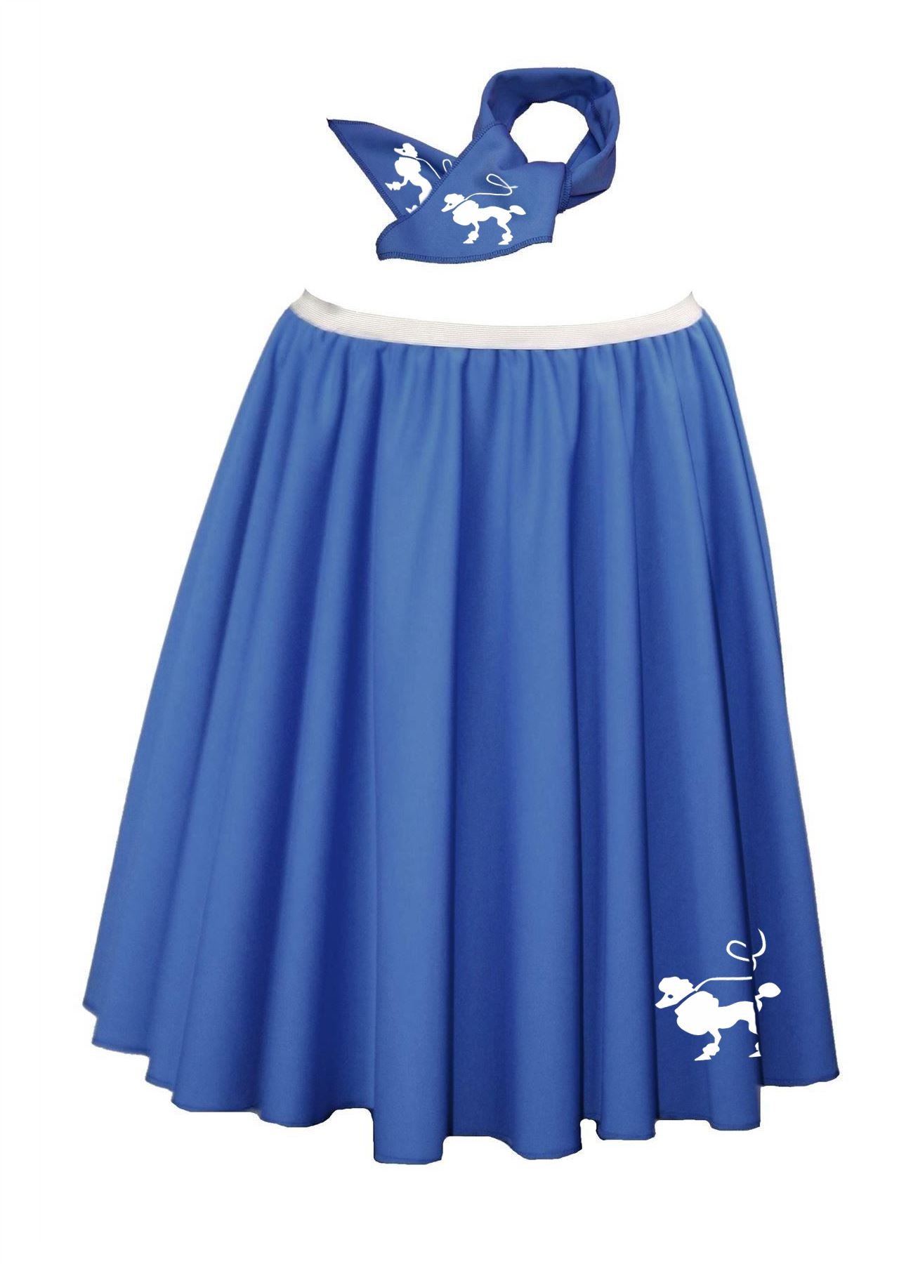 Adults 22" Length Poodle Skirt & Neck Tie 1950s Rock & Roll Fancy Dress [Royal Blue - 16-22]