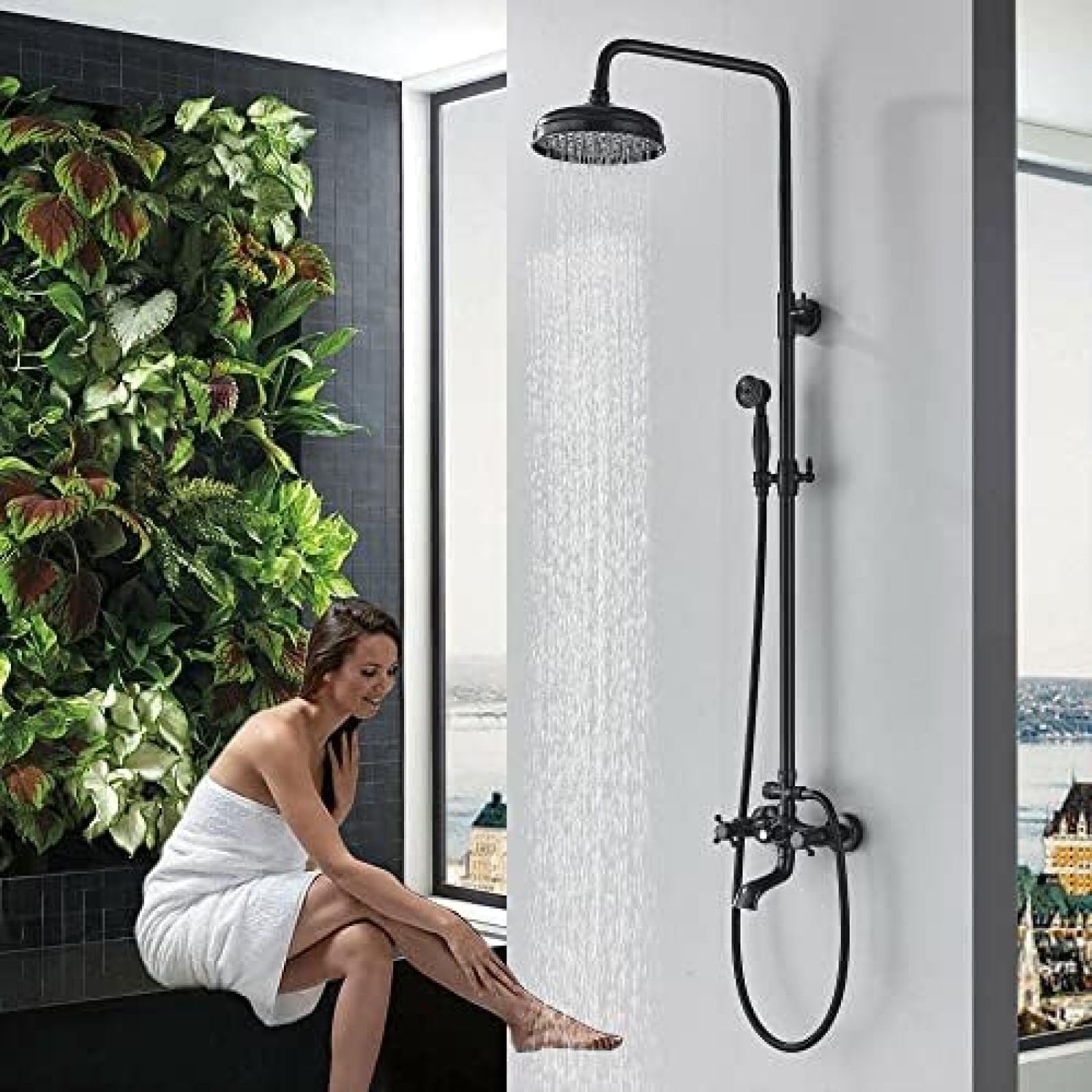 NGDFGR Wall Mounted Shower Faucet Set 8 In Rainfall Head Handheld Shower Bath Filler Hot And Cold Water Mixing Faucet-Rubbed Bronze B,Antique Brass C,Rubbed Bronze a