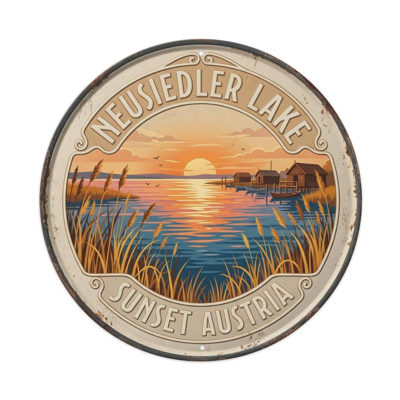 Neusiedler Lake Sunset Austria Wetland Metal Tin Sign Plaque Wall Decor for Cafe, Club Bar, Office, Home Garden Round Metal Poster 8x8Inch
