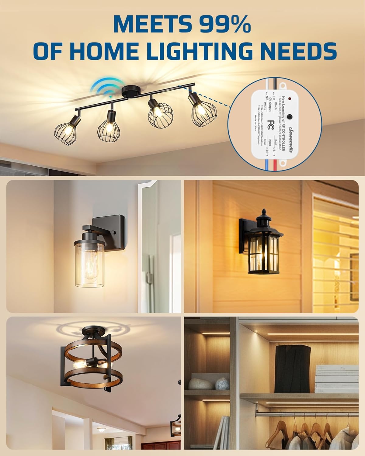 DEWENWILS Wireless Remote Light Switch, Expandable Wireless Wall Switch Kit, No Wiring, No WiFi, 100 Ft RF Range, Programmable, Remote Control for Lamps, Ceiling Lights, Fans