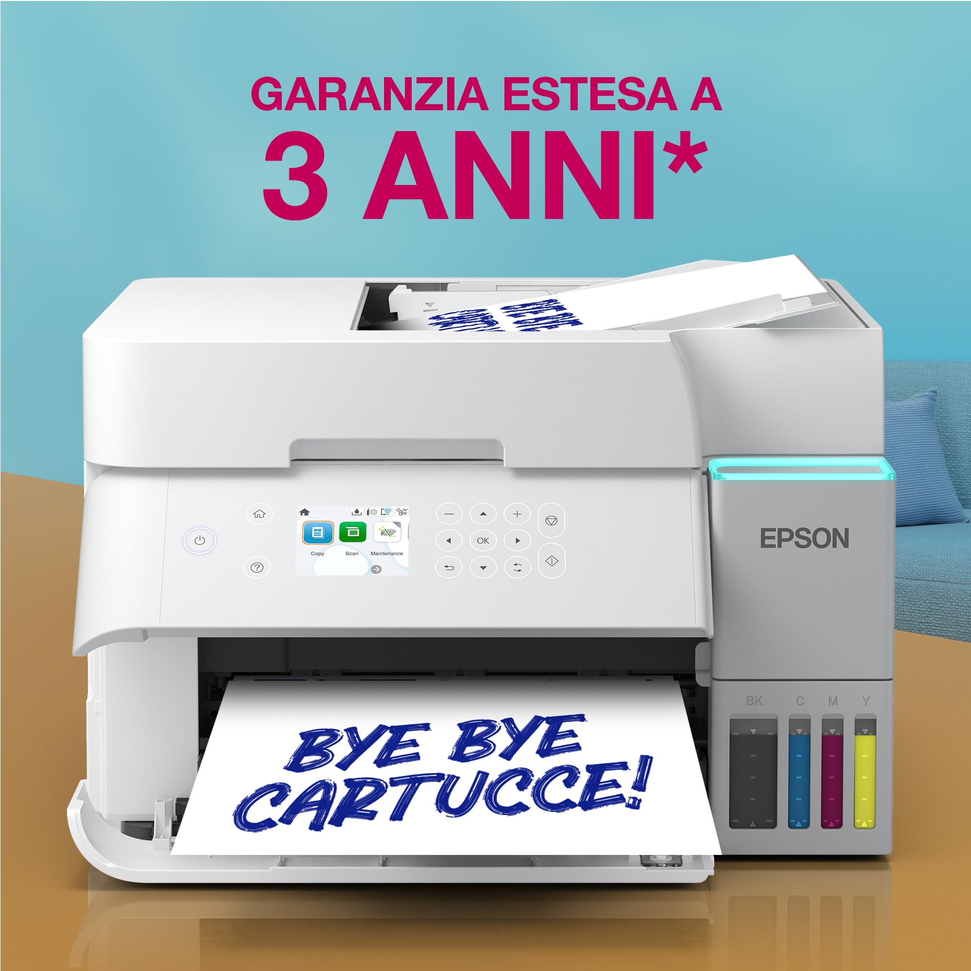 Epson EcoTank ET-3956 Stampante con Serbatoi D’inchiostro | Home Office | Wi-Fi | A4 | Fronte/Retro Stampa, Copia, Scansione | Display LCD 6.1 cm | ADF Da 30 Fogli | 3 Anni D'Inchiostro Inclusi