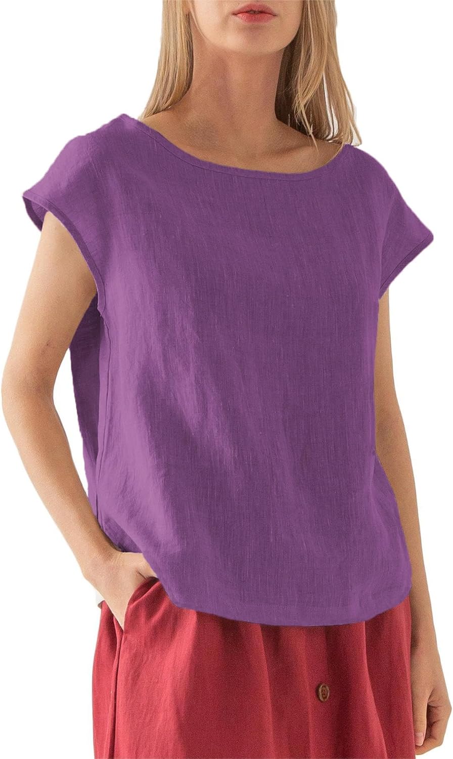 Amazhiyu Womens 100% Linen Casual Cap Sleeve Tops Basic Summer Loose Fit Blouse