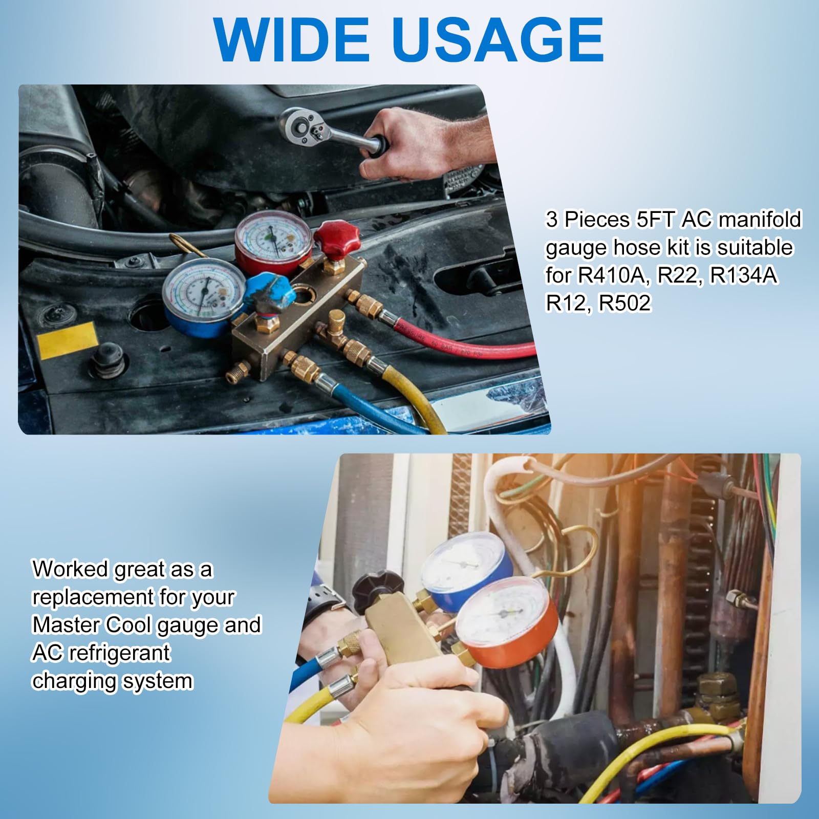 Kit de manguera de manómetro de CA de 3 piezas, mangueras de carga de refrigerante R410A 1/4 SAE, kit de manguera de manómetro de CA de 5 pies para manguera de carga de aire acondicionado