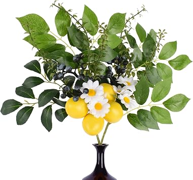 Artificial Lemon Branches, 2Pcs 14.5" Fake Lemon Stems with Blueberry for DIY Craft Home Wedding Dining Table Centerpieces