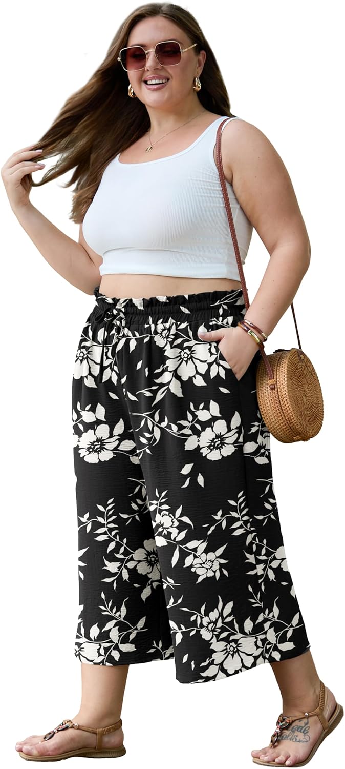 OLRIK Plus Size Capris for Women Summer Wide Leg Pants High Waist Drawstring Casual Capri Trousers with Pockets - Image 2