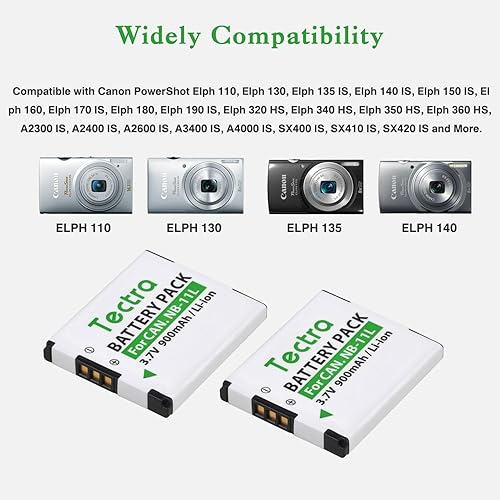 Miniatura 2 de Tectra Paquete de 2 baterías NB-11L NB-11LH + cargador dual LED para Canon PowerShot SX400, A2300, A2500, A2600, A3400 is, A3500 is, A4000 is, ELPH